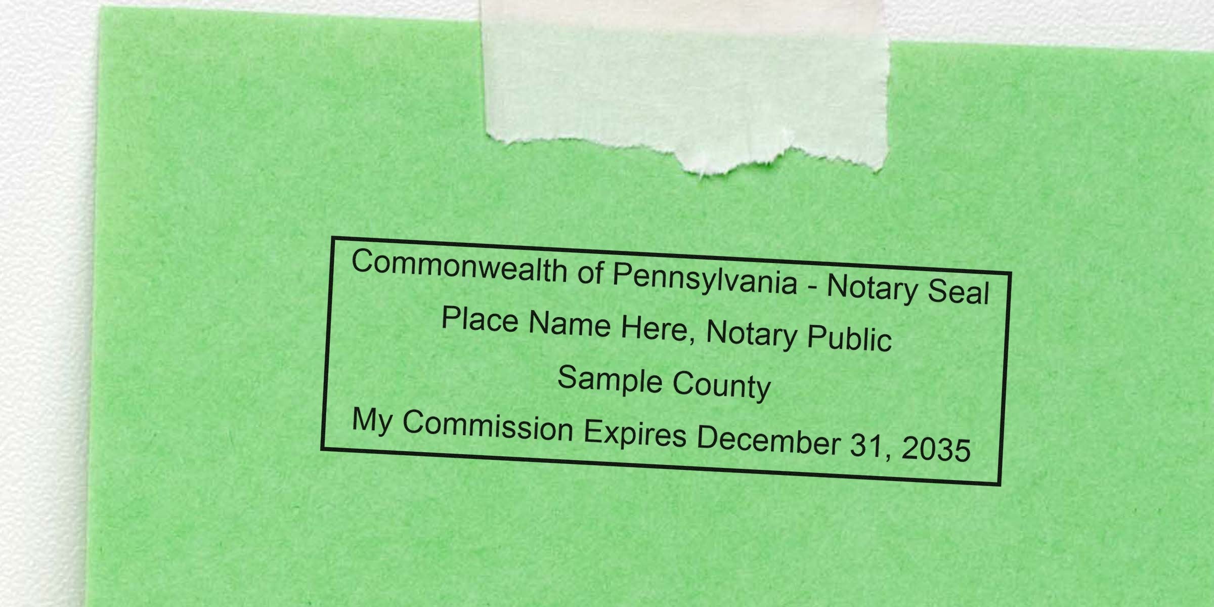 Pennsylvania notary seal on green paper, commission expires December 31, 2035, with essential PA notary supplies and tools.