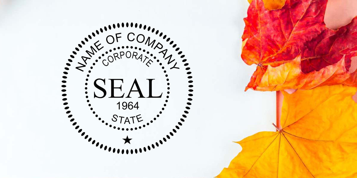 Corporate seal logo template reading “Name of Company Corporate Seal 1964 State” with red, orange, and yellow autumn leaves on a white background