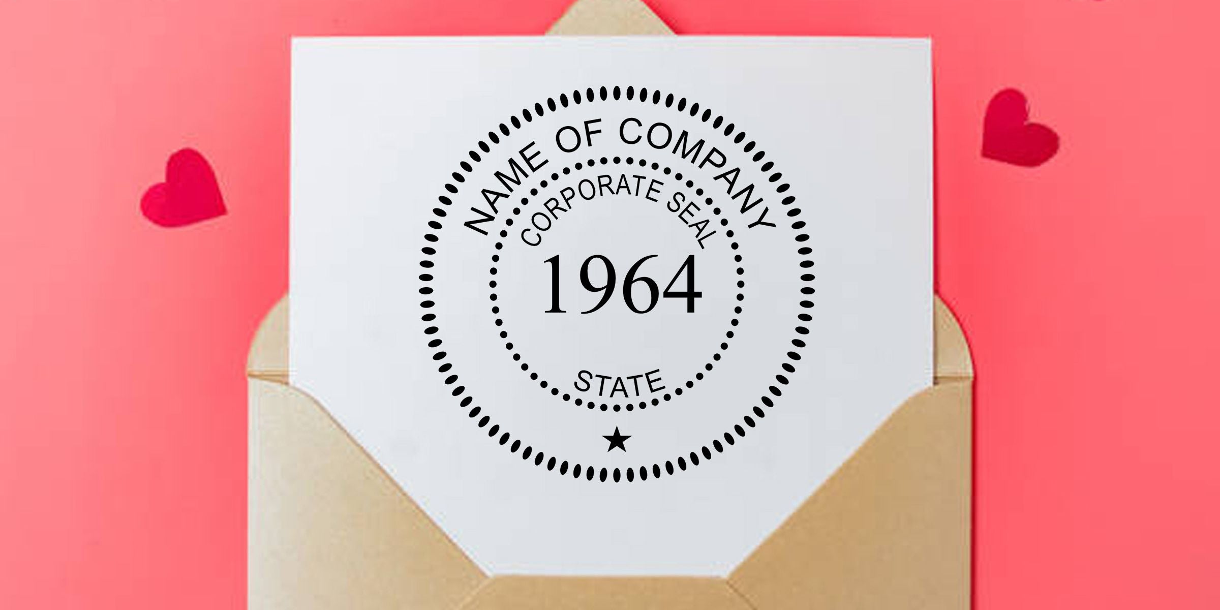 Corporate seal mockup on a white card inside a tan envelope with “Name of Company” and 1964 text on a pink background with heart accents