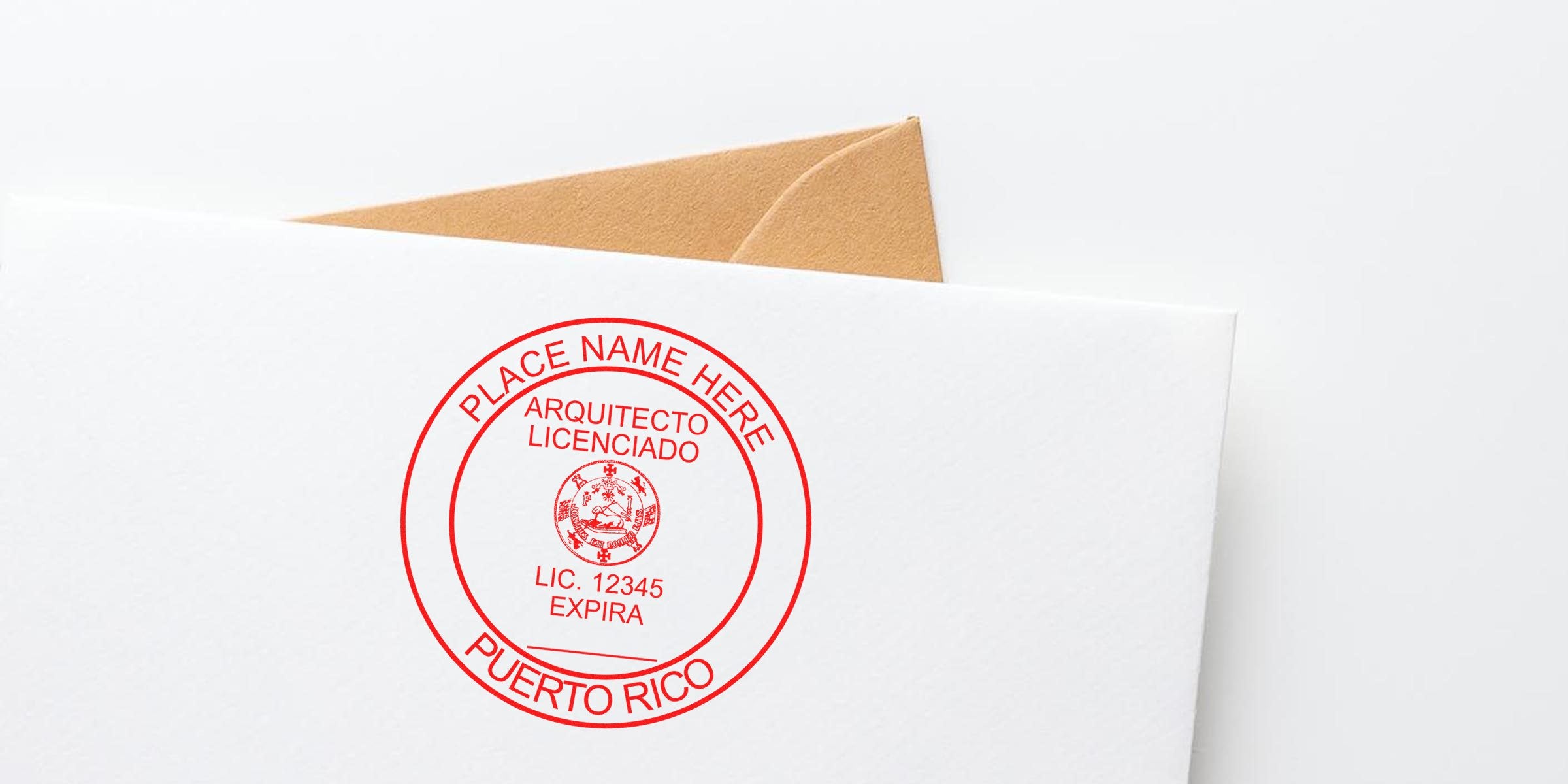 Puerto Rico architect license stamp on white envelope against brown background, displaying architect seal requirements.