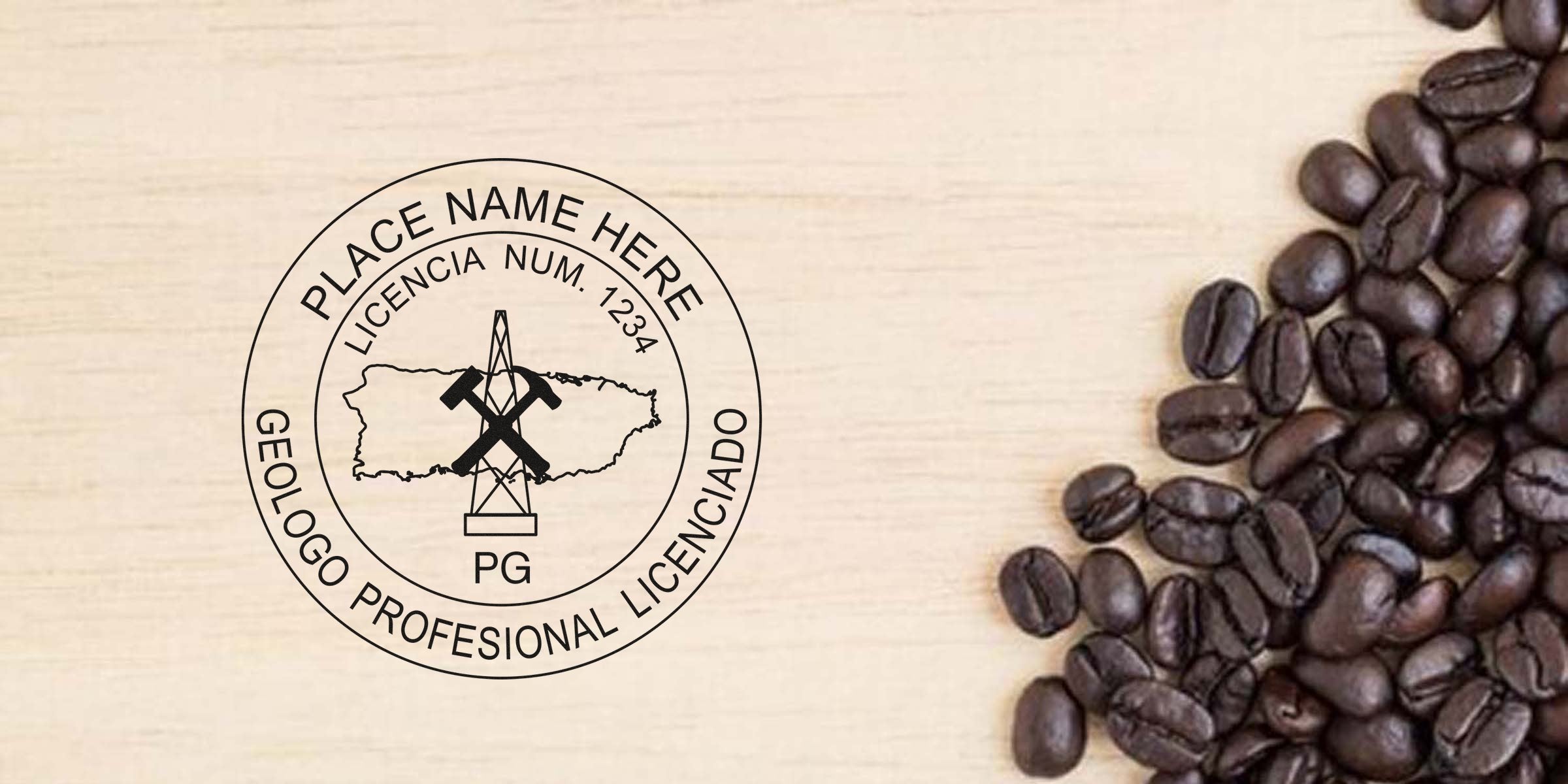 Licensed professional geologist stamp with coffee beans on wood, top geologist stamp design, Puerto Rico geologist stamp, license no. 1234 emblem for geology certification.