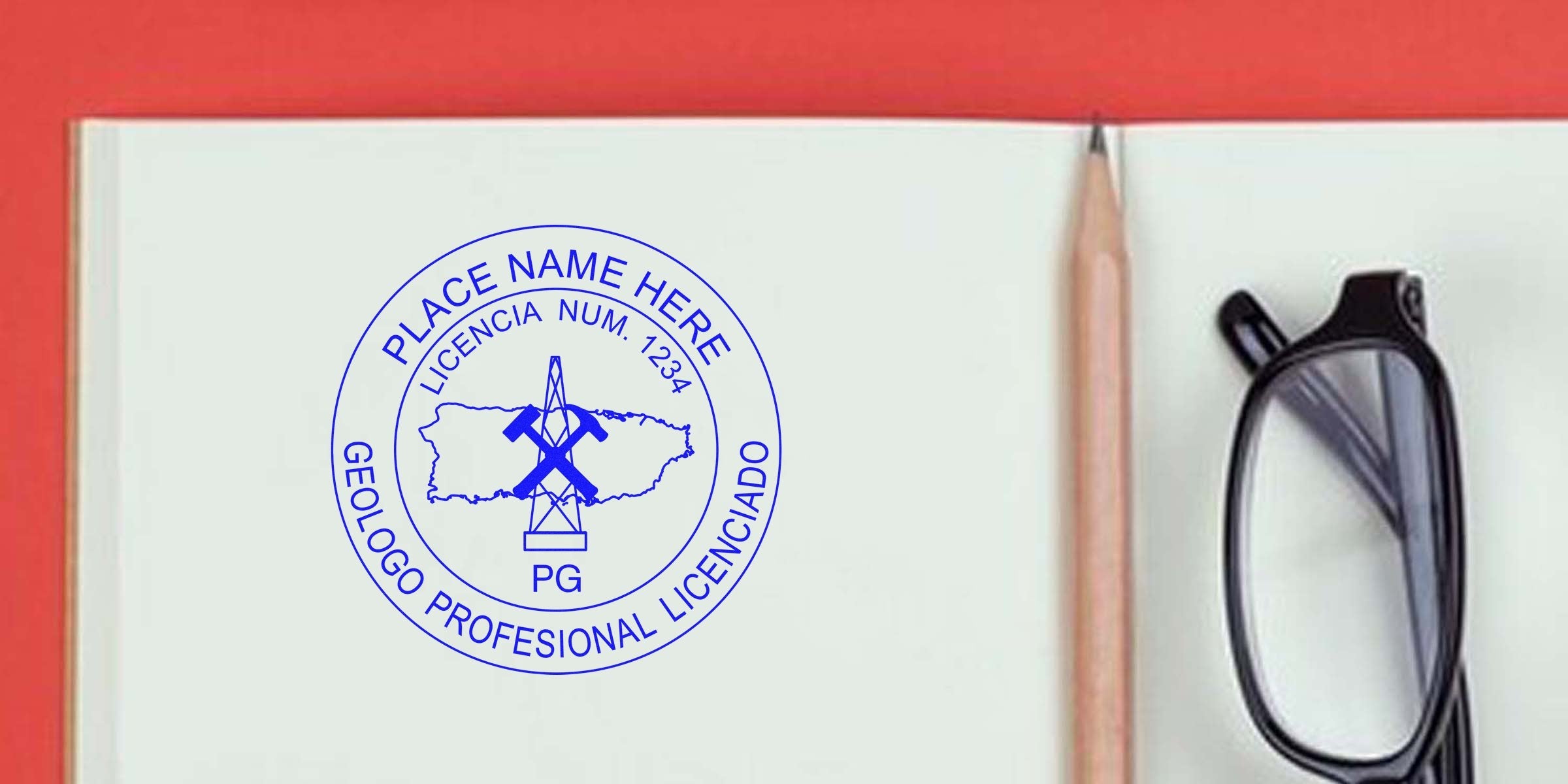 Professional geologist license stamp on notebook with pencil and glasses, showing geologist seal prices and Puerto Rico geologist fees, official licenciamiento geológico emblem.