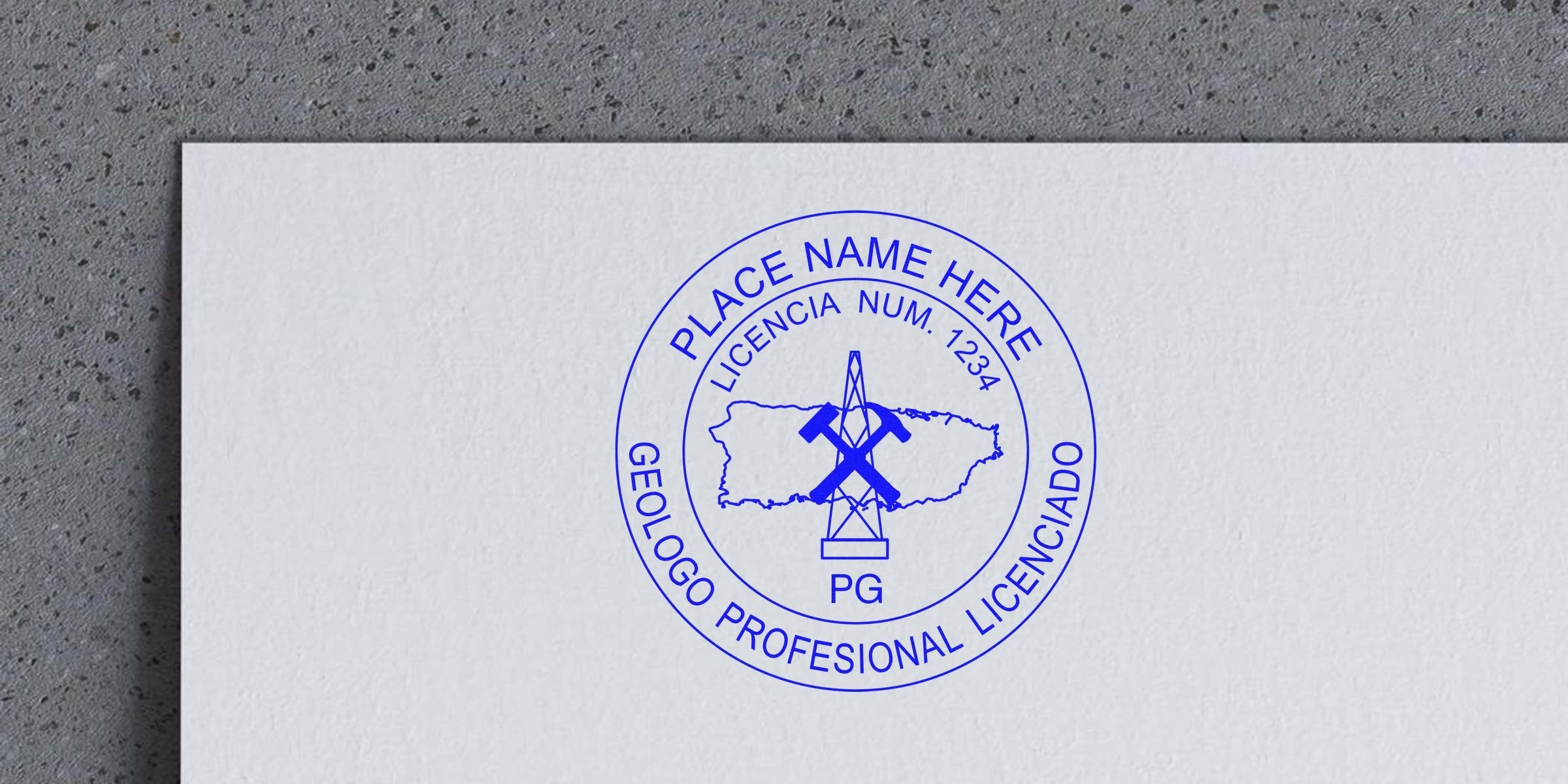 Professional geologist stamp with license number and tools on white paper; ideal geologist memorabilia. Buy geologist stamps online.