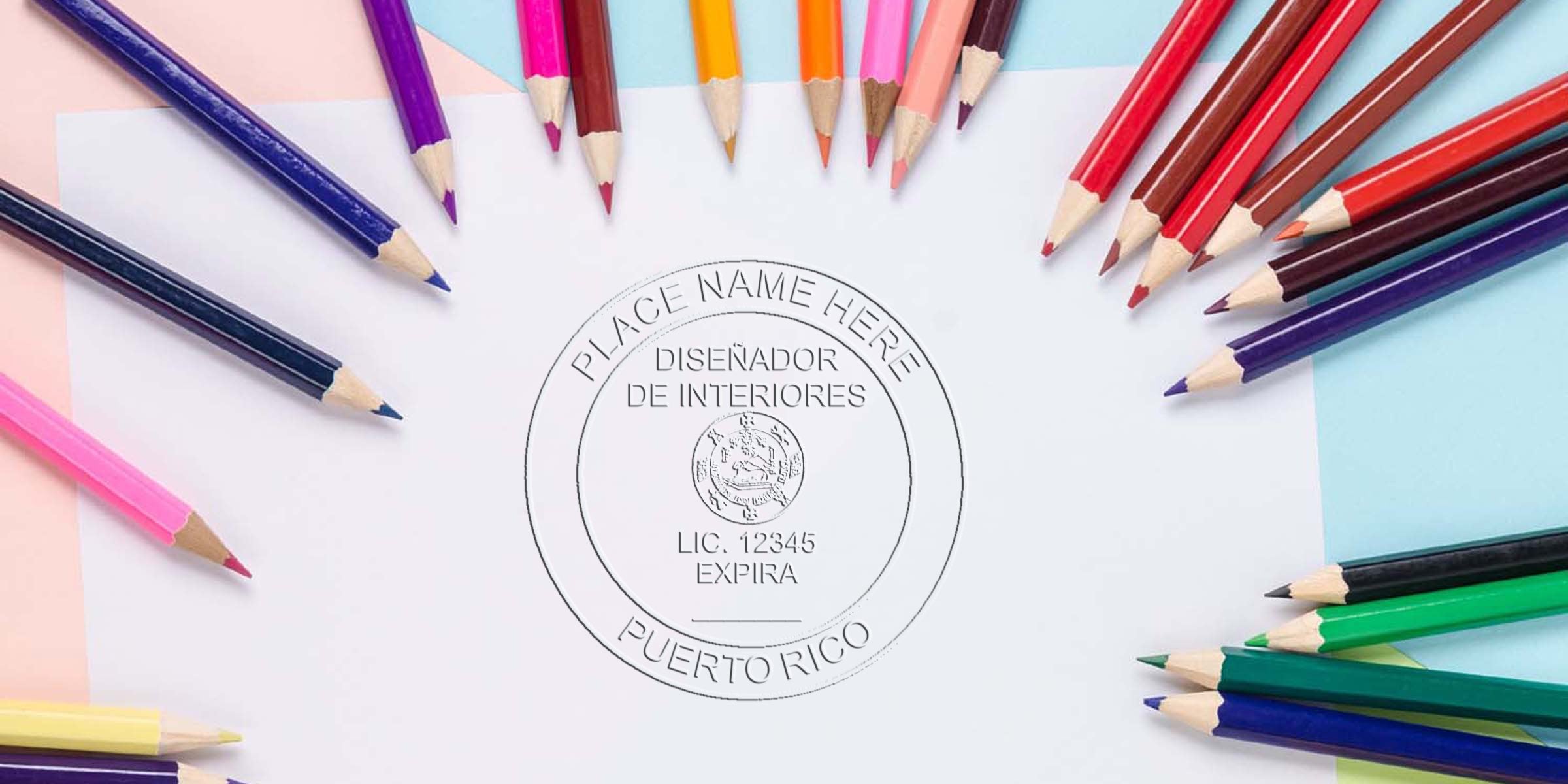 Colorful pencils encircle a Puerto Rico interior designer stamp on white paper, emphasizing Puerto Rico's interior design regulations.