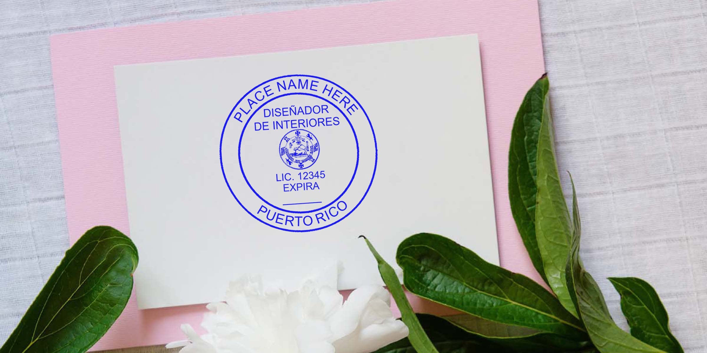 Puerto Rico interior designer license stamp on white card with green leaves and pink background, highlighting common licensing errors.