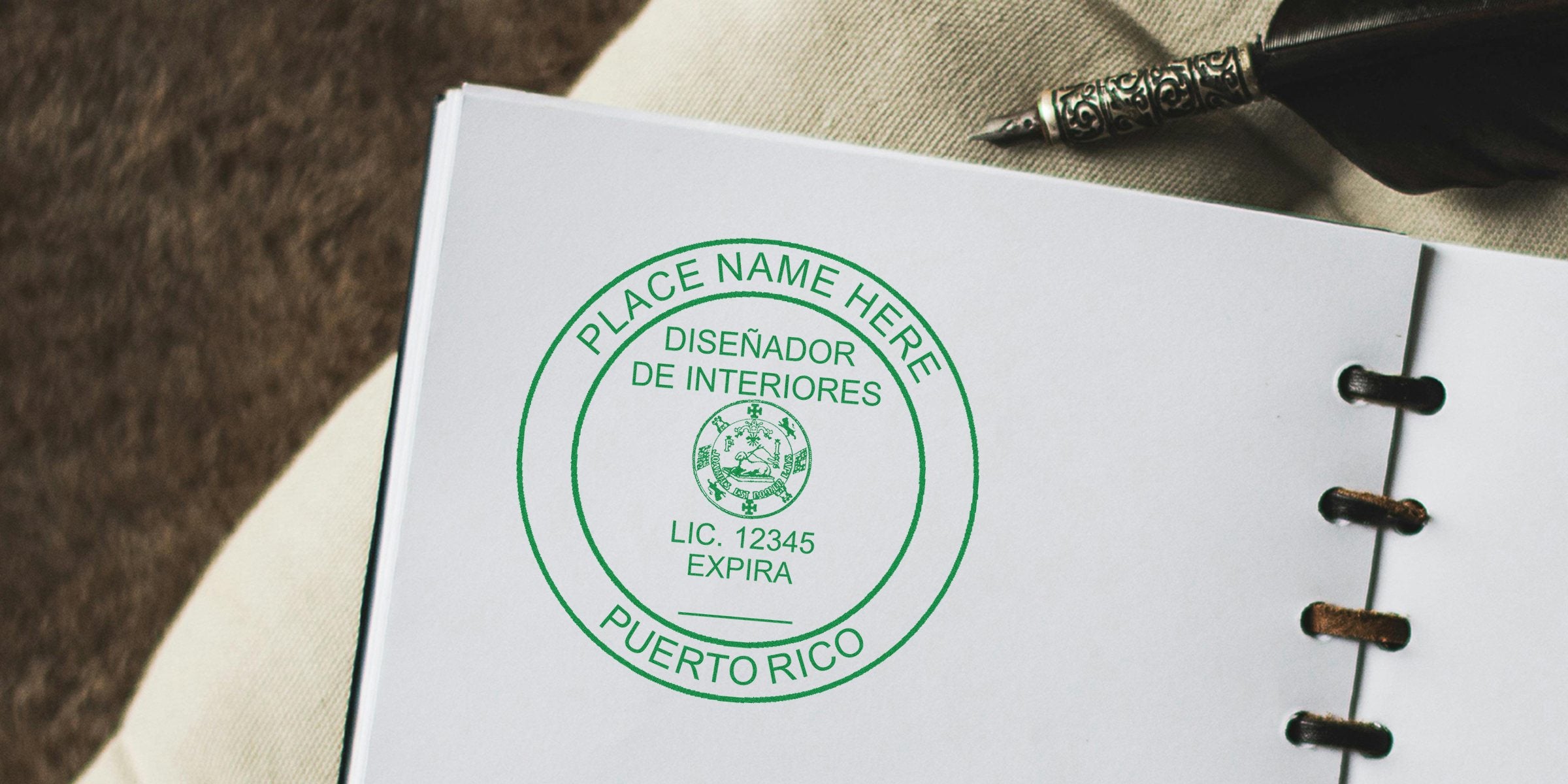 Puerto Rico interior designer certification stamp on notebook with vintage pen, emphasizing interior design stamp requirements.