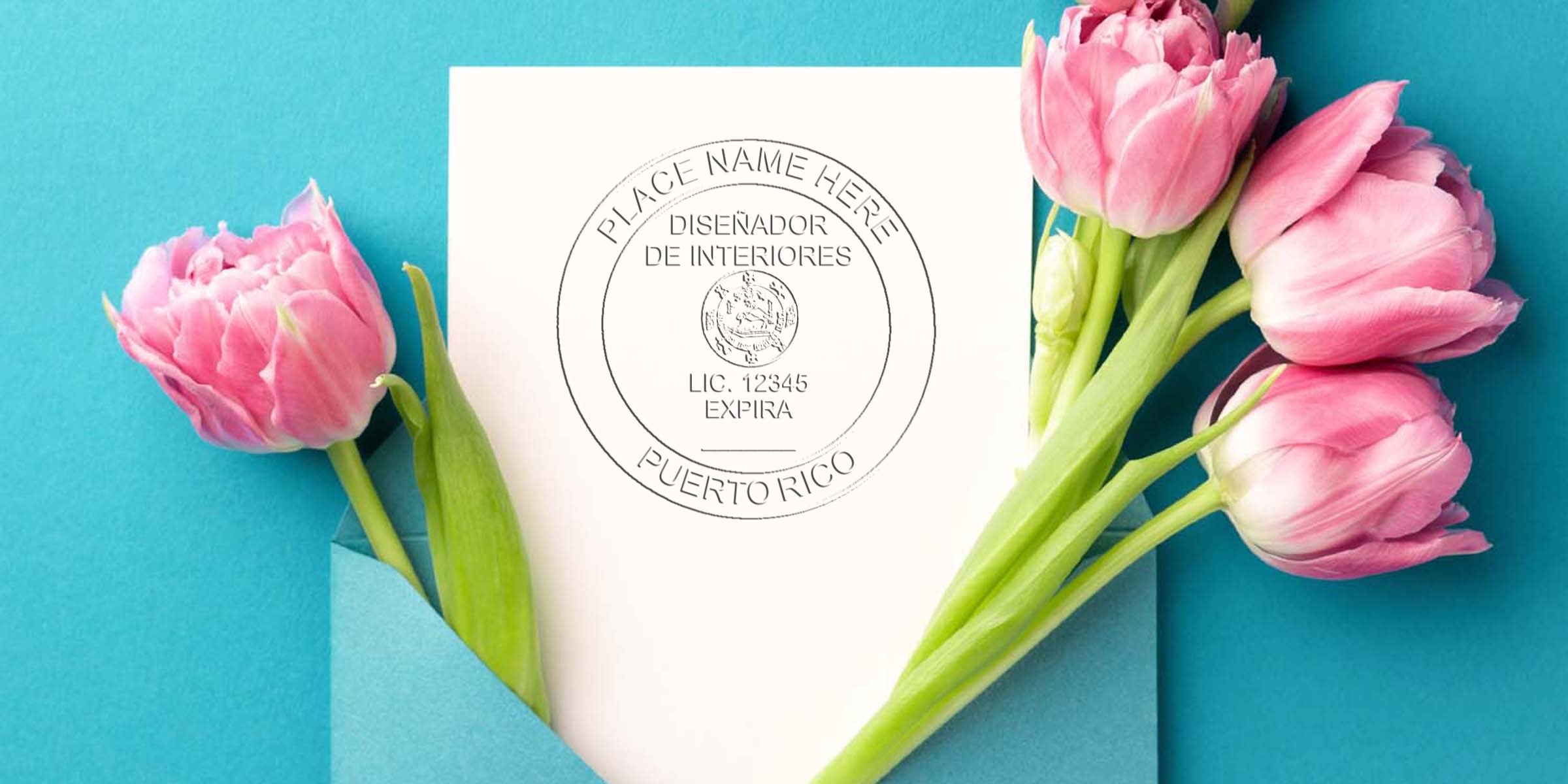 Pink tulips beside a white card with a blue envelope and an interior designer stamp, showing the stamp application process with a checklist.