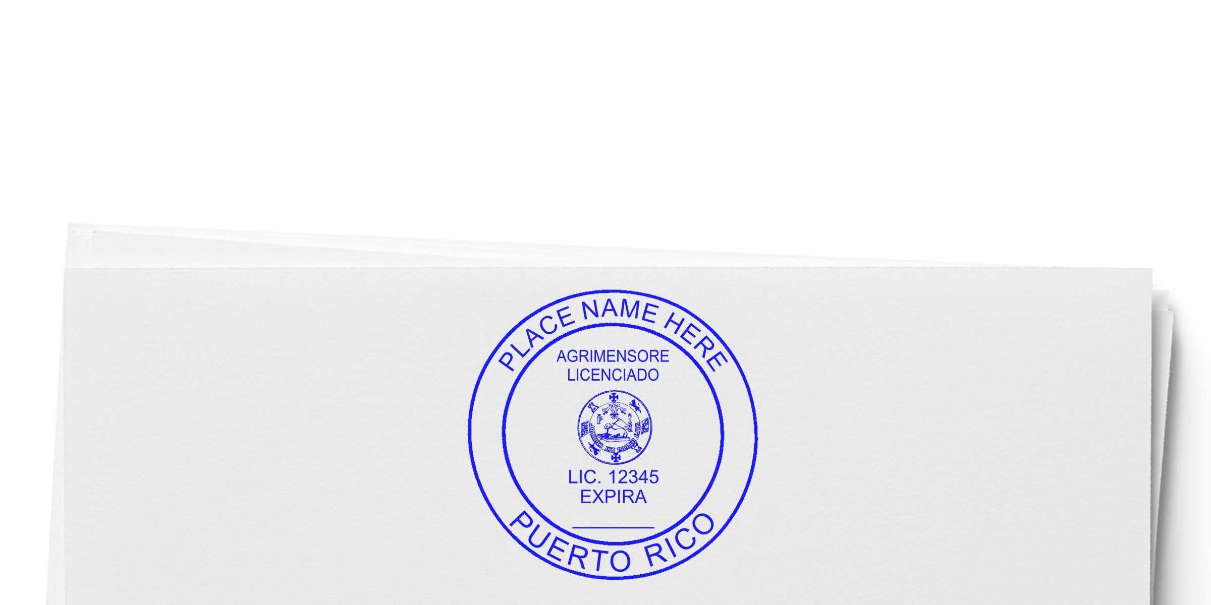 Puerto Rico land surveyor license stamp on white paper showing license number and expiration date, demonstrating stamp design tips.