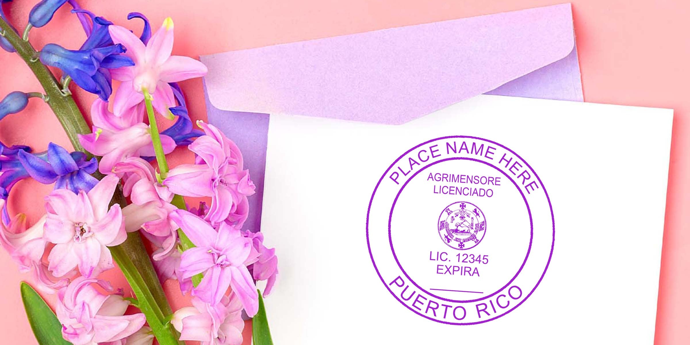 Puerto Rico land surveyor seal stamped on white paper with pink and purple flowers and an envelope, emphasizing Puerto Rico land surveying rules.