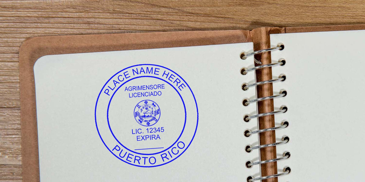 Puerto Rico licensed land surveyor stamp on notebook page with official seal and license number, linked to land surveyor costs and stamp prices in Puerto Rico.