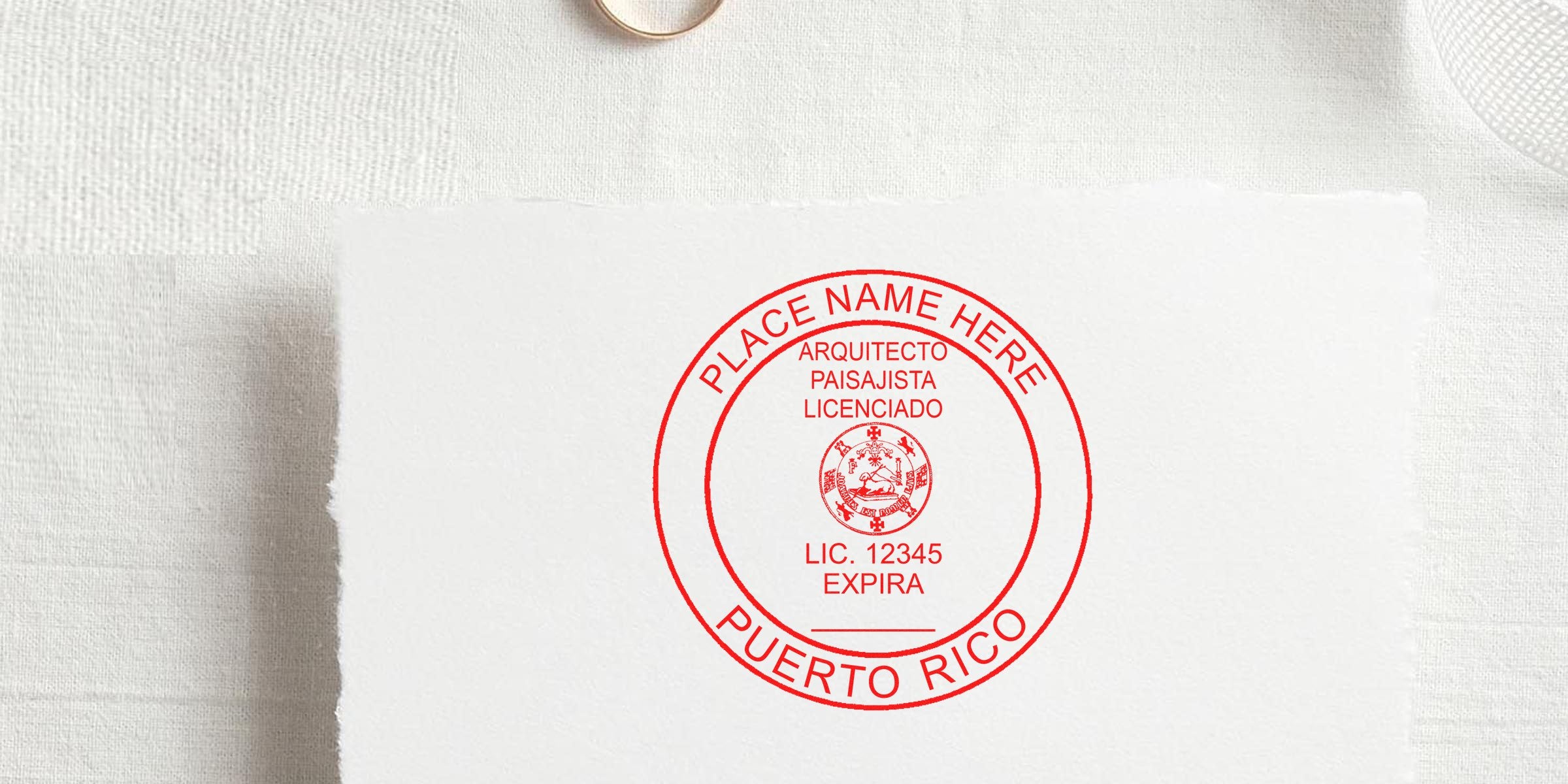 Puerto Rico landscape architect license stamp with license number and expiration date on white paper, showcasing the stamp's design advantages.