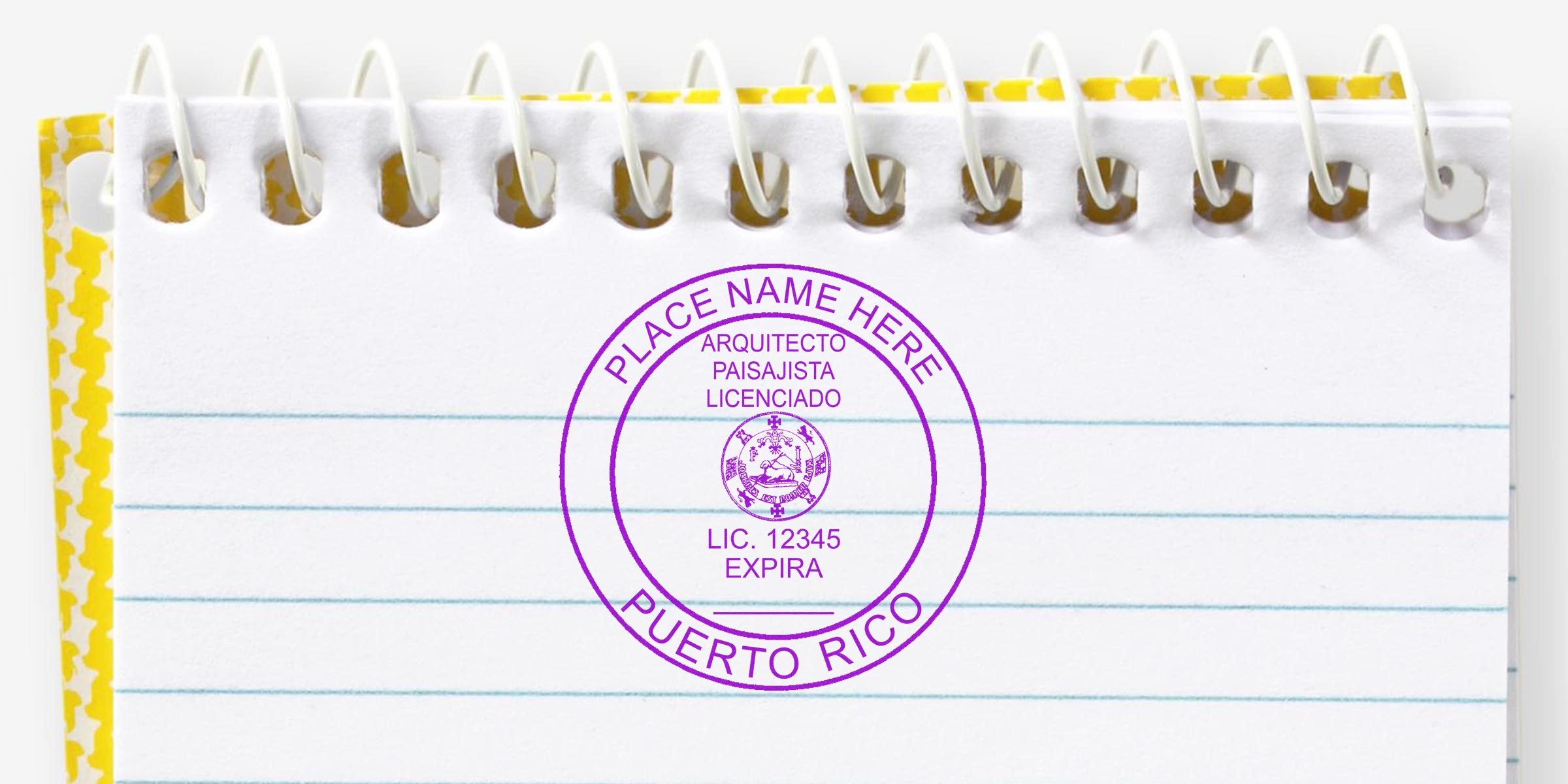 Puerto Rico landscape architect license stamp and seal on a spiral notebook page.