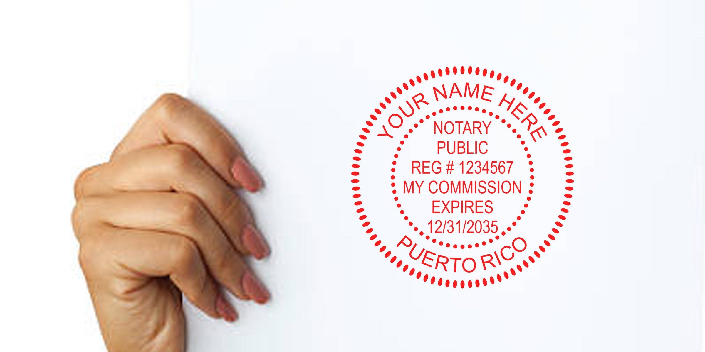 Hand holding paper with red Puerto Rico notary public stamp and commission expiration date, part of Puerto Rico notary kit and business supplies.