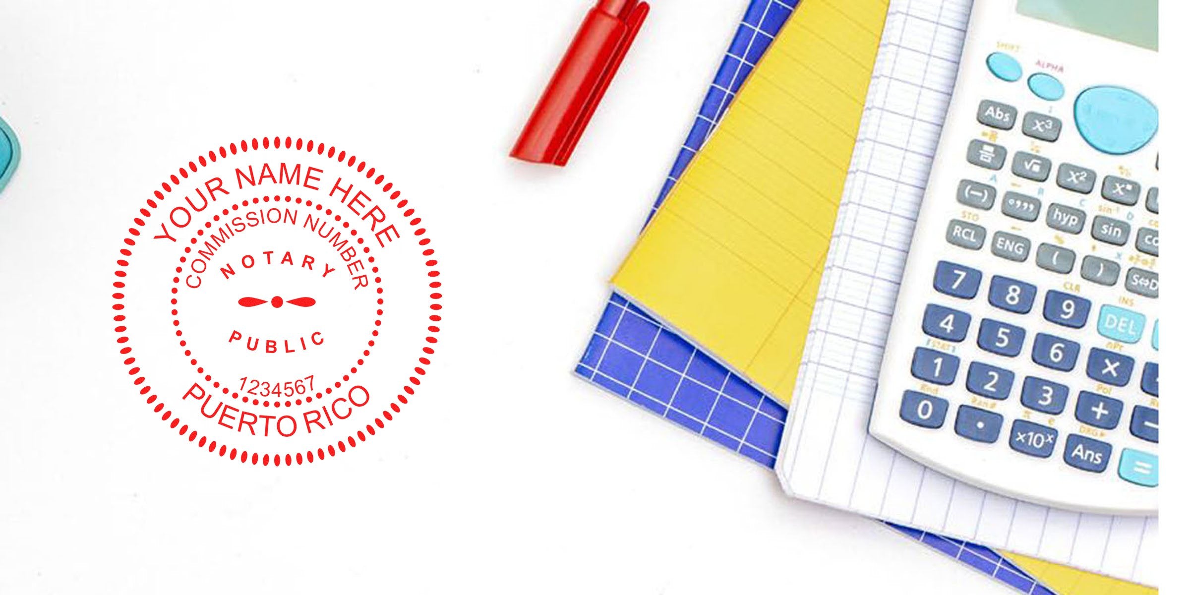 Puerto Rico notary public stamp with commission number next to calculator and notebooks, used for official document verification and stamp renewal, meeting Puerto Rico notary stamp requirements.