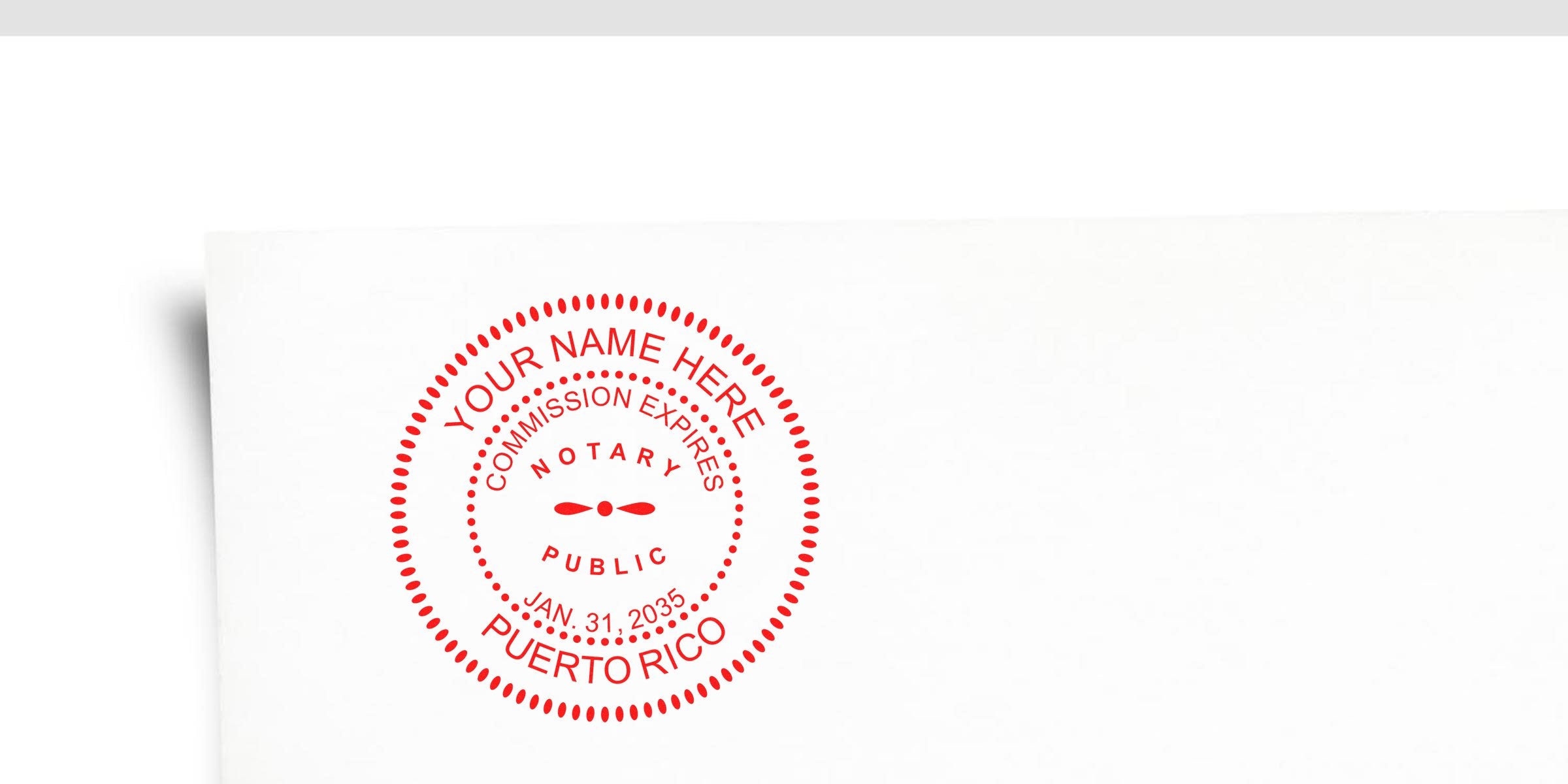 Custom red Puerto Rico notary stamp with commission expiration date on white paper, ideal for anyone needing a Puerto Rico notary stamp.