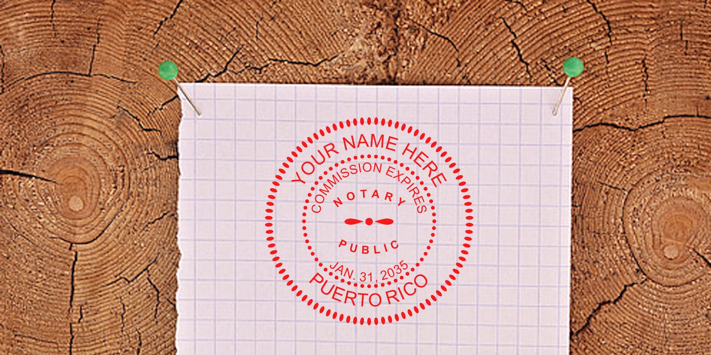 Puerto Rico notary seal stamped on paper pinned to wood, showing commission expiration and meeting seal requirements.