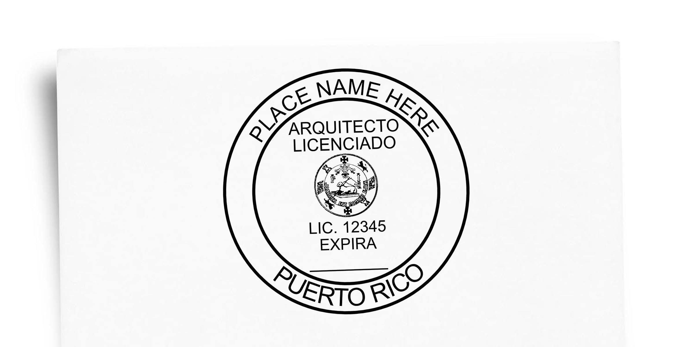 Puerto Rico licensed architect circular seal with placeholder name, license number 12345, and expiration text for professional certification.