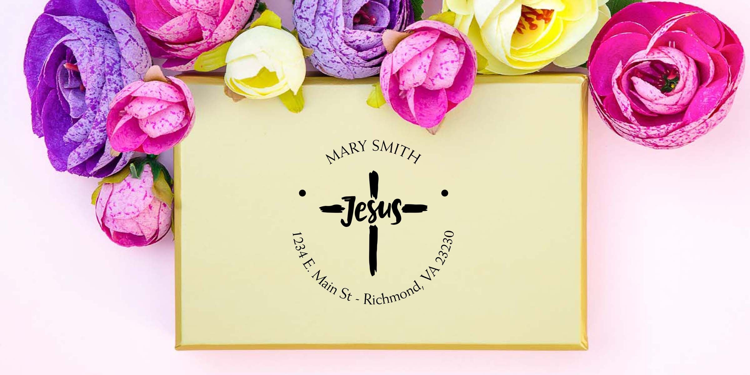 Colorful paper flowers surrounding a custom Christian gift box with Jesus cross logo, Mary Smith name, and Richmond, VA address details