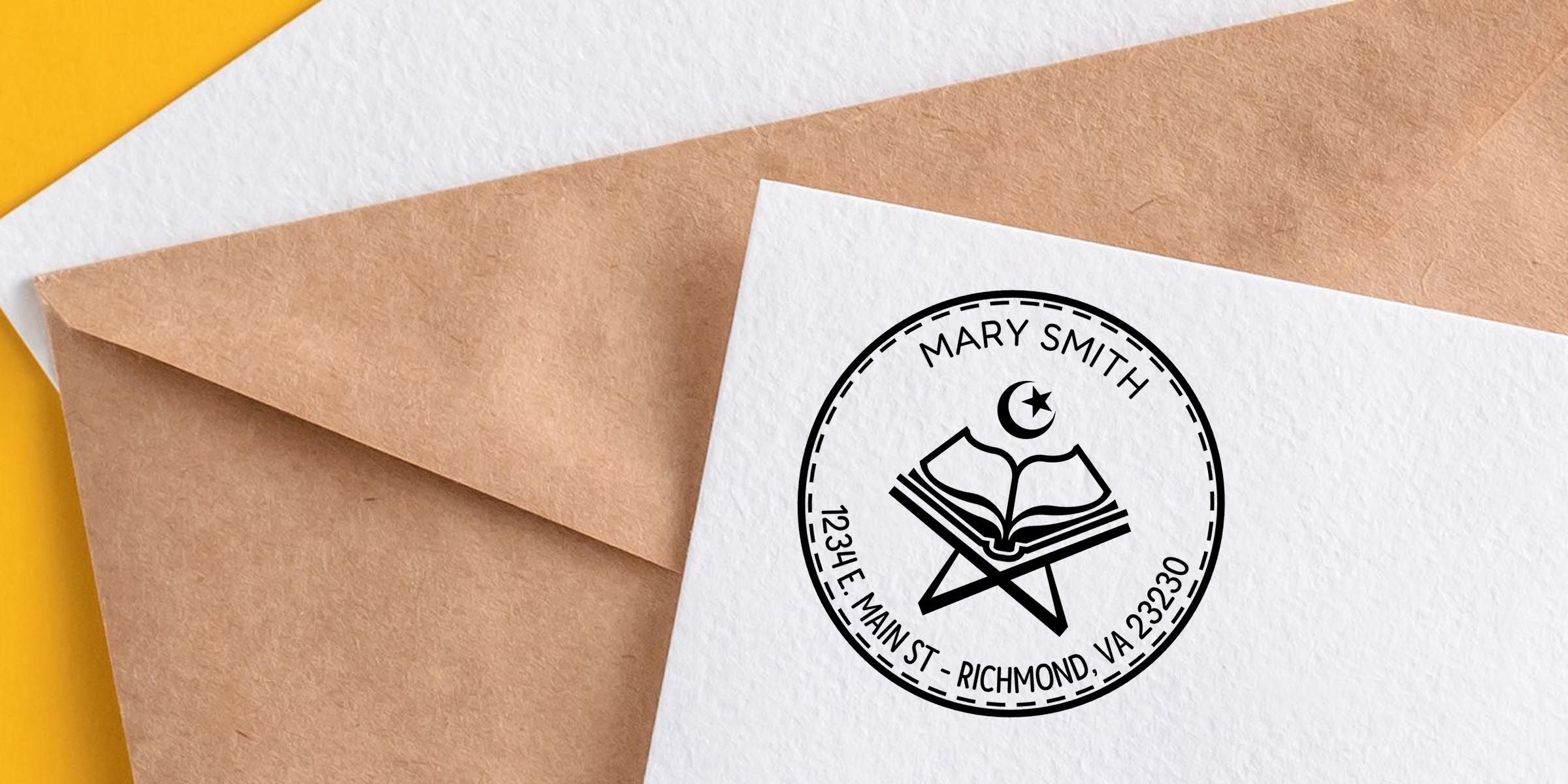 Personalized stationery mockup with kraft and white envelopes featuring a circular Mary Smith logo, open book and crescent moon emblem, and Richmond, VA address.