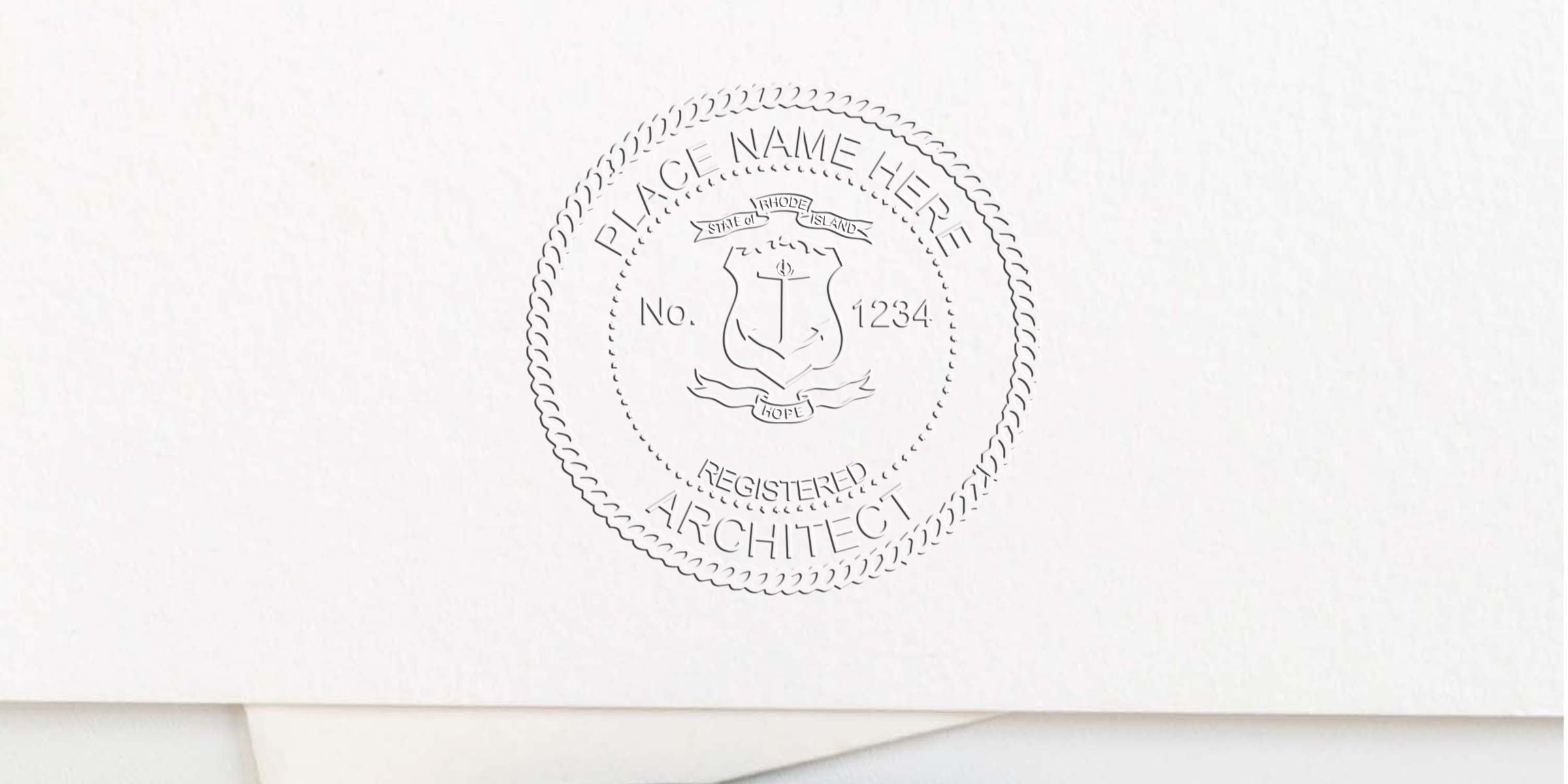 Embossed Rhode Island architect stamp on white paper, showing the registered architect seal per stamp regulations.