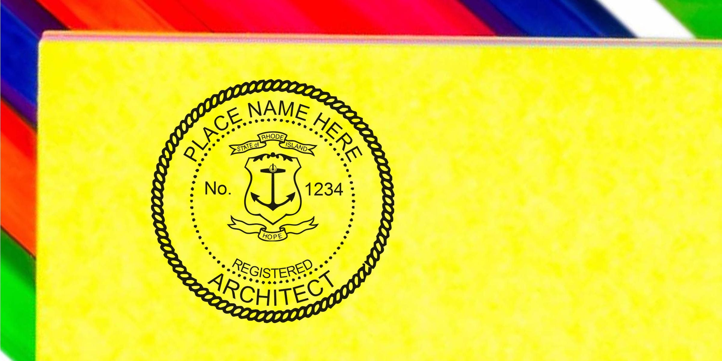 Rhode Island architectural seal on yellow background showing compliance with design certification stamp requirements.