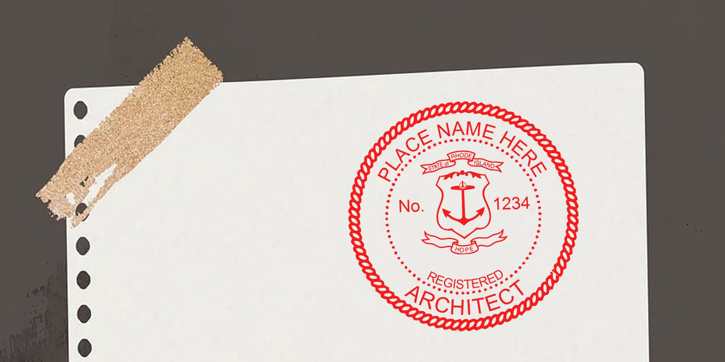 Red architect seal stamp on white paper with tape, showing a registered architect design. Professional certification seal available at Rhode Island architect stamp store.
