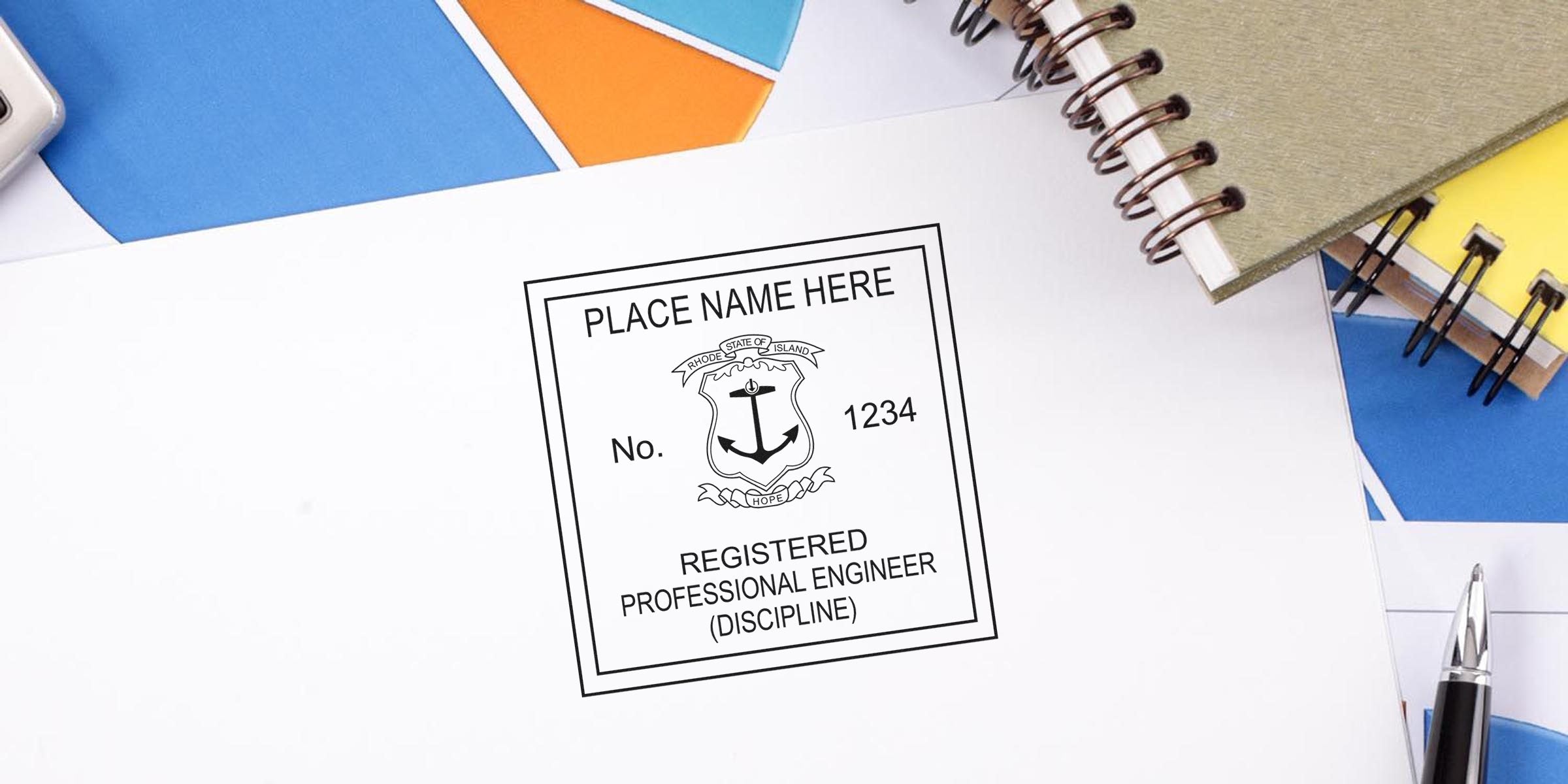 Rhode Island engineer seal and professional engineer stamp on white paper with office supplies in the background.