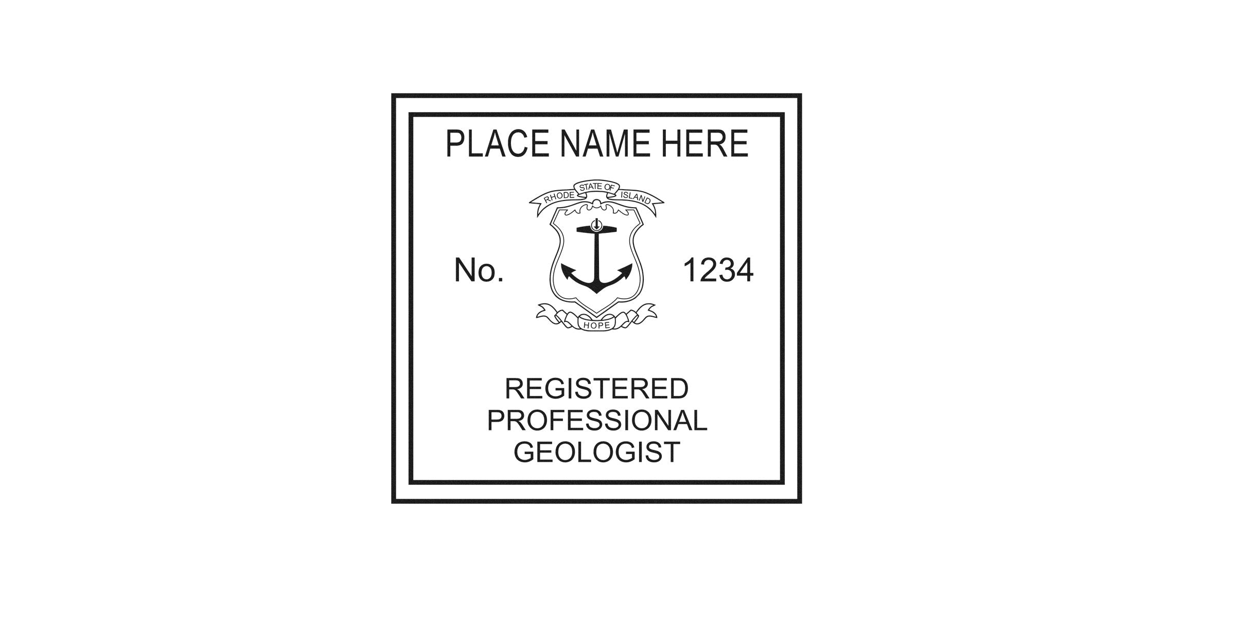 Registered Rhode Island Geologist Stamp with state seal, customizable place name, and registration number, providing essential geologist stamp details for Rhode Island.