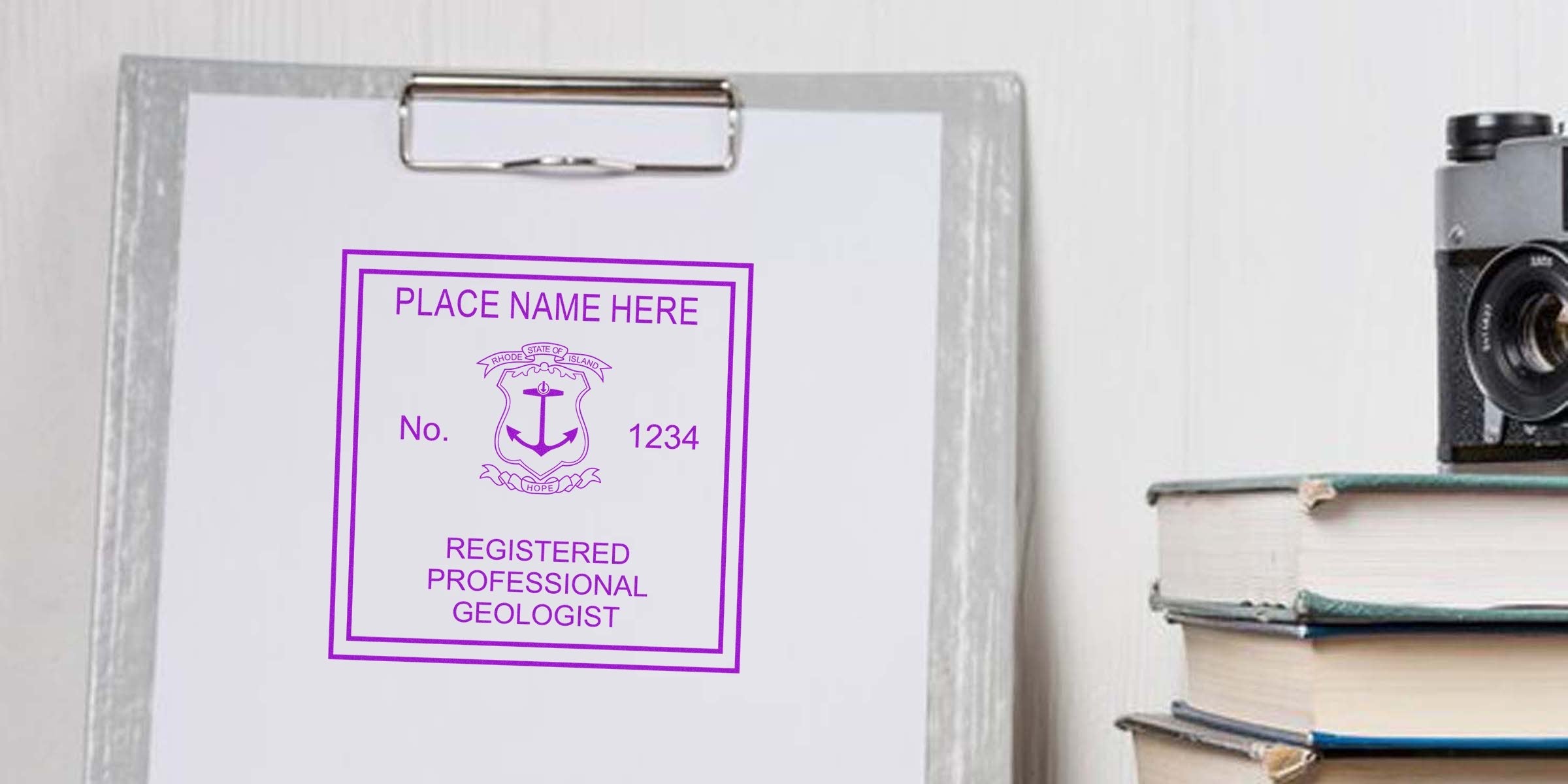 Rhode Island Professional Geologist Seal on clipboard next to vintage camera and stacked books, showcasing Geologist License Requirements.