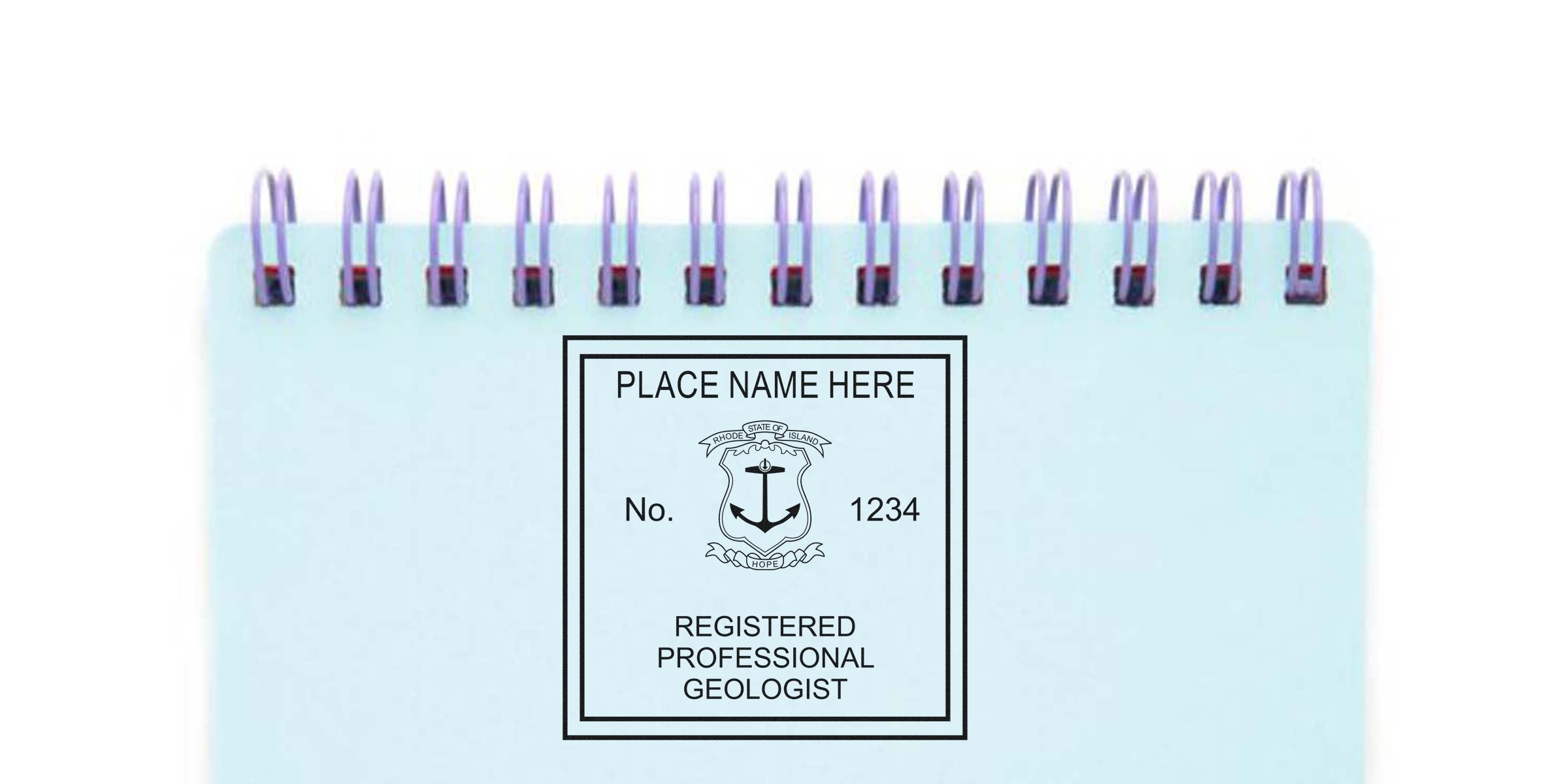 Rhode Island geologist stamp on spiral notebook with professional geologist license and stamp design guide.
