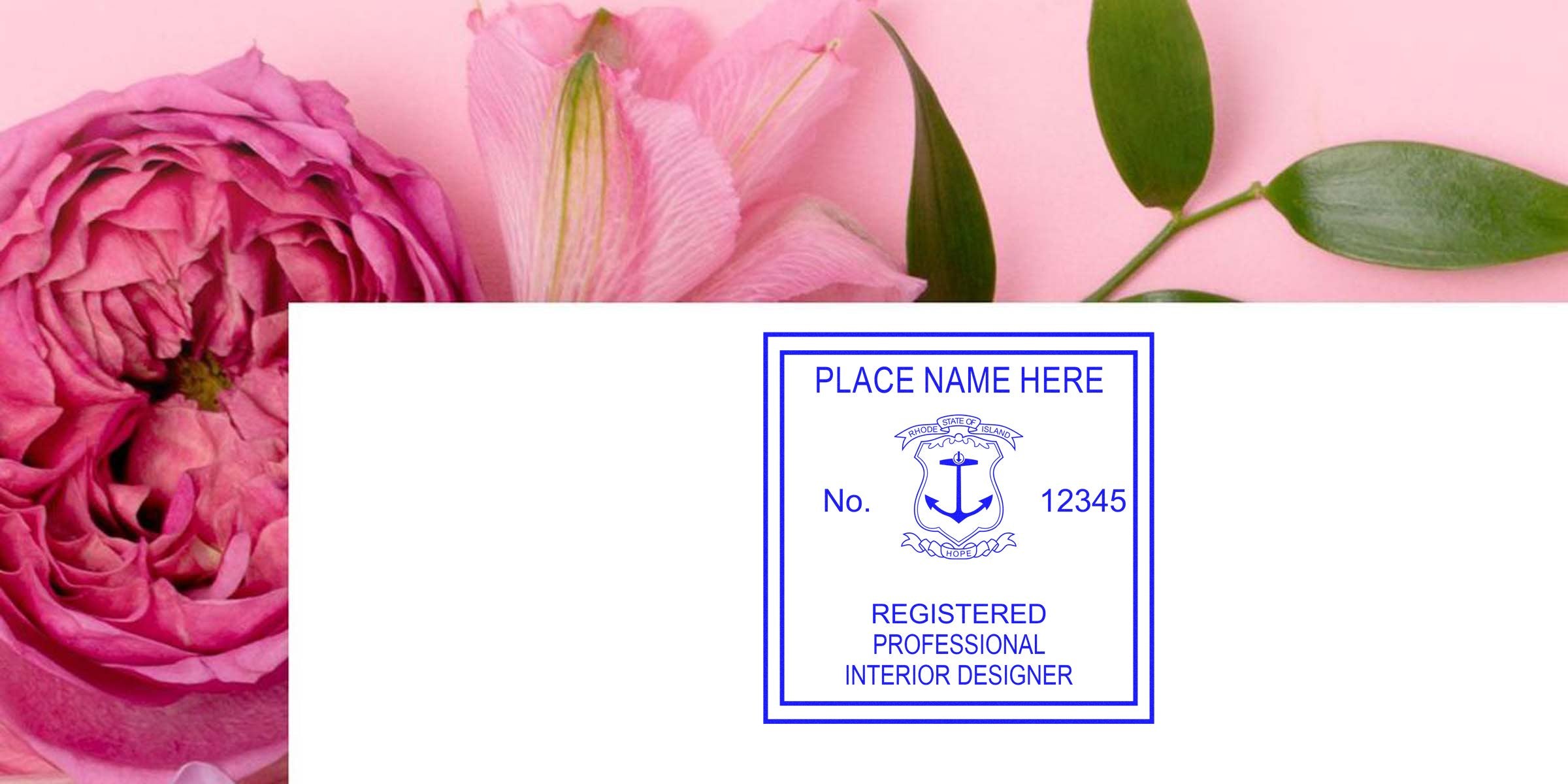Registered interior designer seal embosser badge with pink flower background, featuring Rhode Island embossers.
