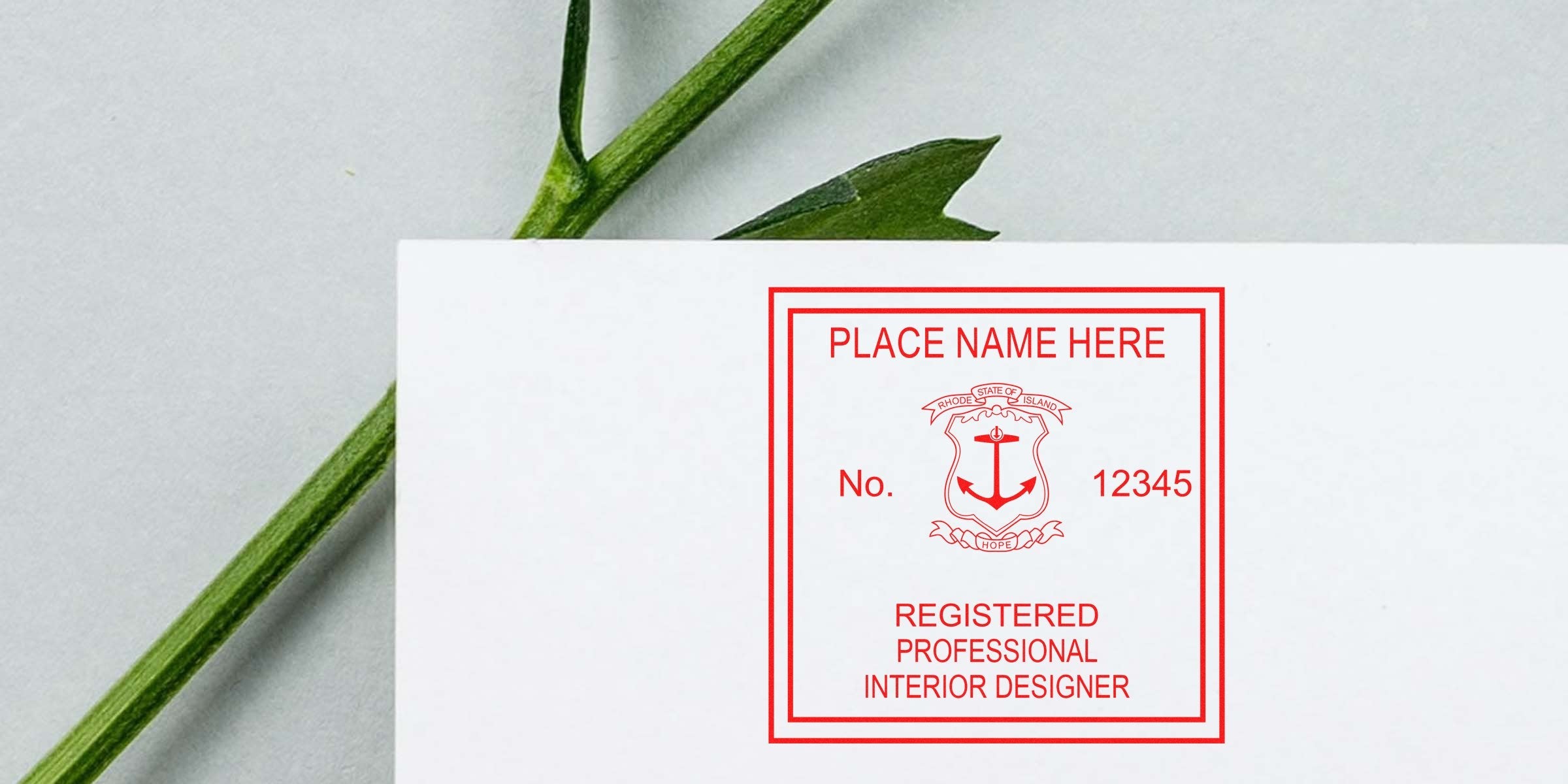 Registered interior designer stamp with Rhode Island emblem on white paper, adhering to Rhode Island interior design stamp guidelines.