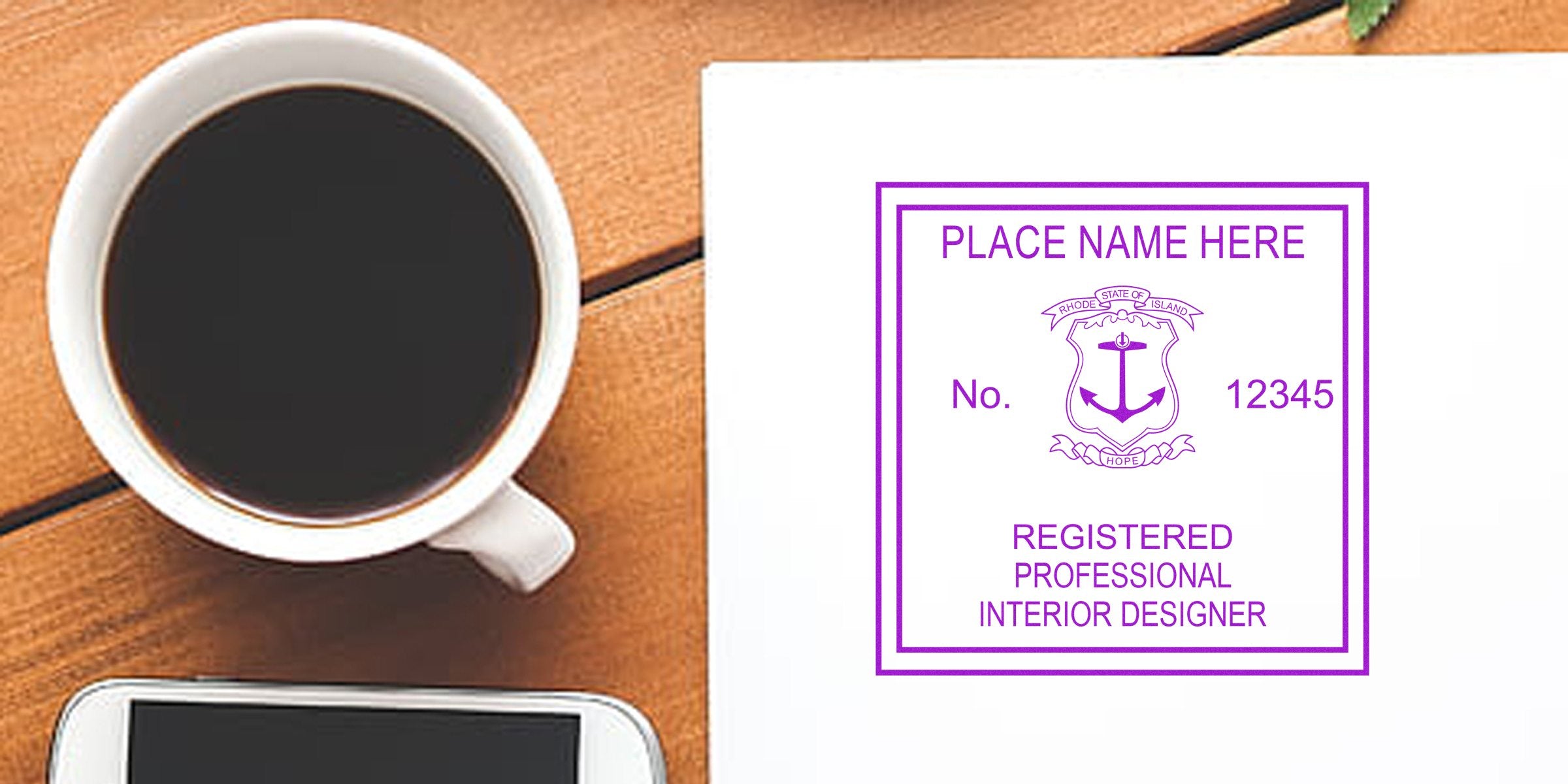 Rhode Island interior designer certification stamp on wooden table with coffee cup and smartphone, highlighting RI interior design regulations and stamp requirements.