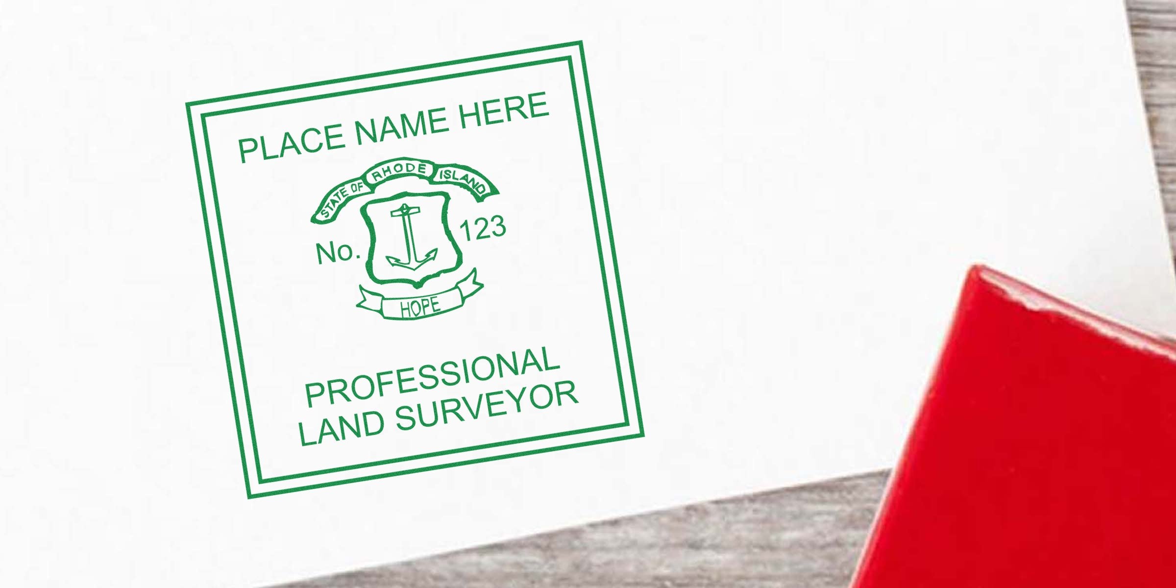 Rhode Island professional land surveyor stamp on white paper with red marker, related to land surveyor stamp and license renewal in Rhode Island.