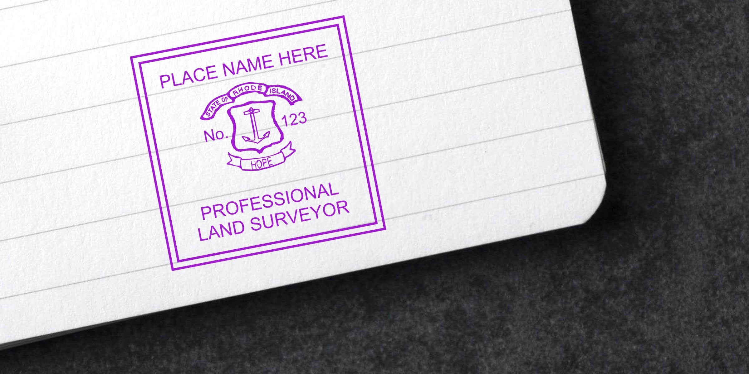 Rhode Island land surveyor seal with state emblem on lined paper, displaying official specifications for land surveying services.