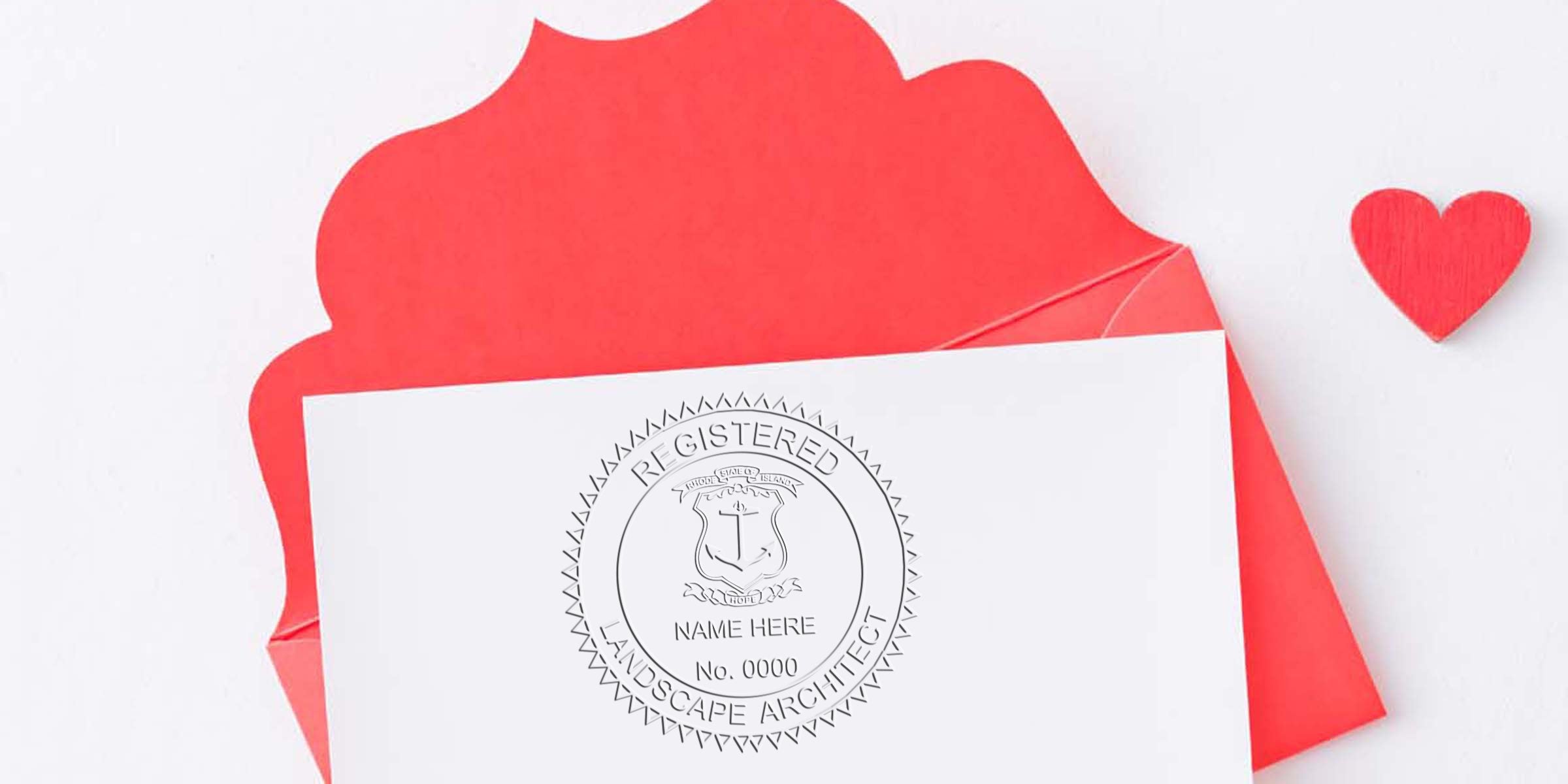 Rhode Island landscape architect stamp on white card with red envelope and heart, meeting Rhode Island landscape architect stamp requirements.