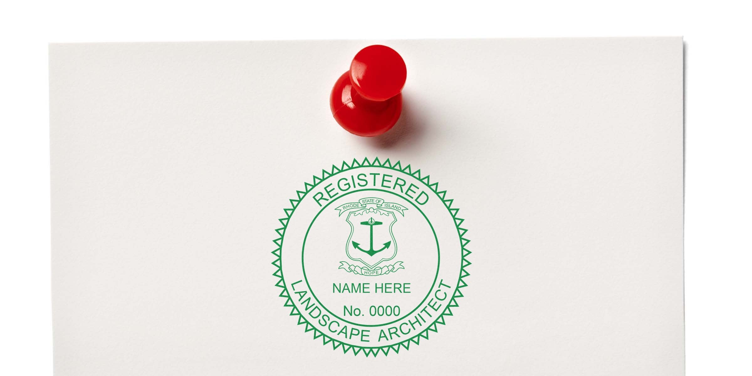 Rhode Island landscape architect seal embossed on white paper, held by a red pushpin, showing the landscape architect embosser Rhode Island stamp.