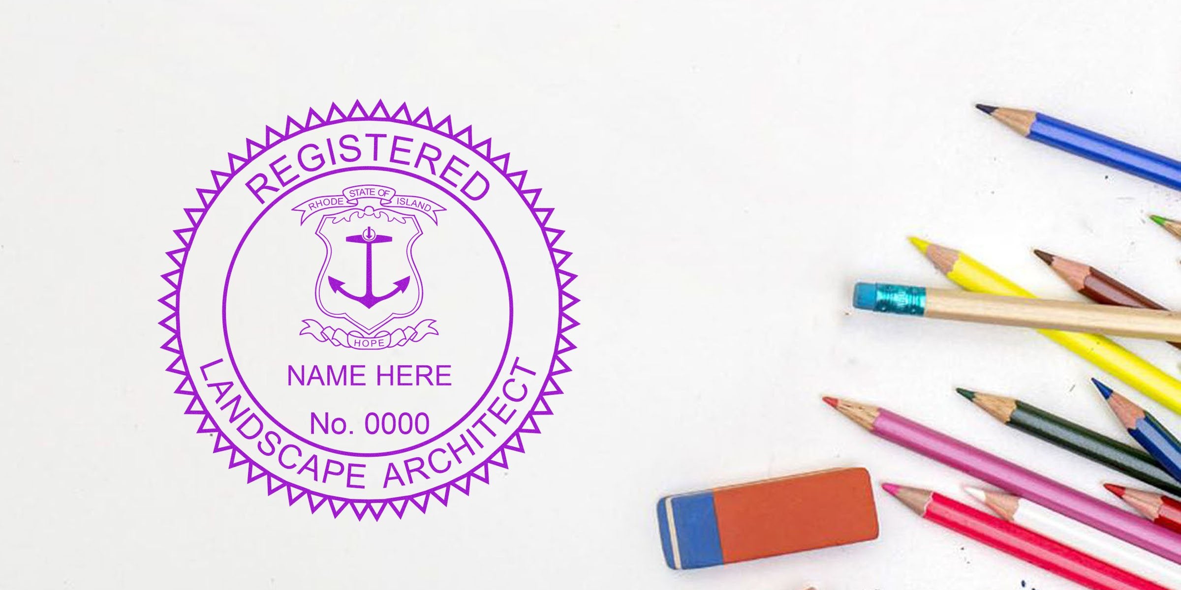 Rhode Island landscape architect stamp with embossed seal, colored pencils, and eraser on white background.