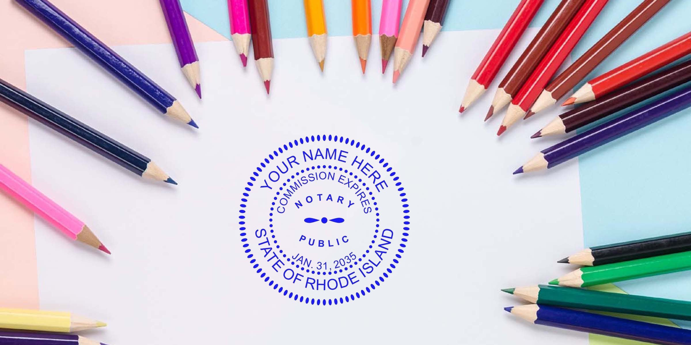 Rhode Island Notary Public stamp on white paper with colorful pencils, perfect for official document certification and Notary Seal purchase.
