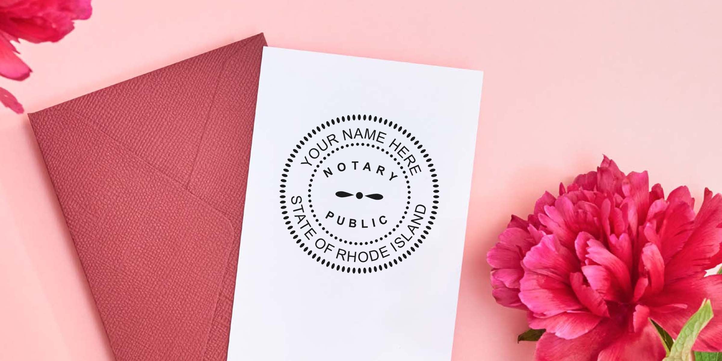 Rhode Island notary seal on white card with red envelope and pink flowers, featuring key notary tools and supplies.