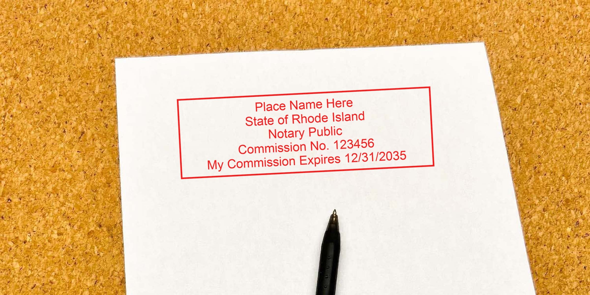 Rhode Island notary stamp on white paper with commission number and expiry date, black pen on corkboard, illustrating RI notary stamp renewal and renewal requirements.