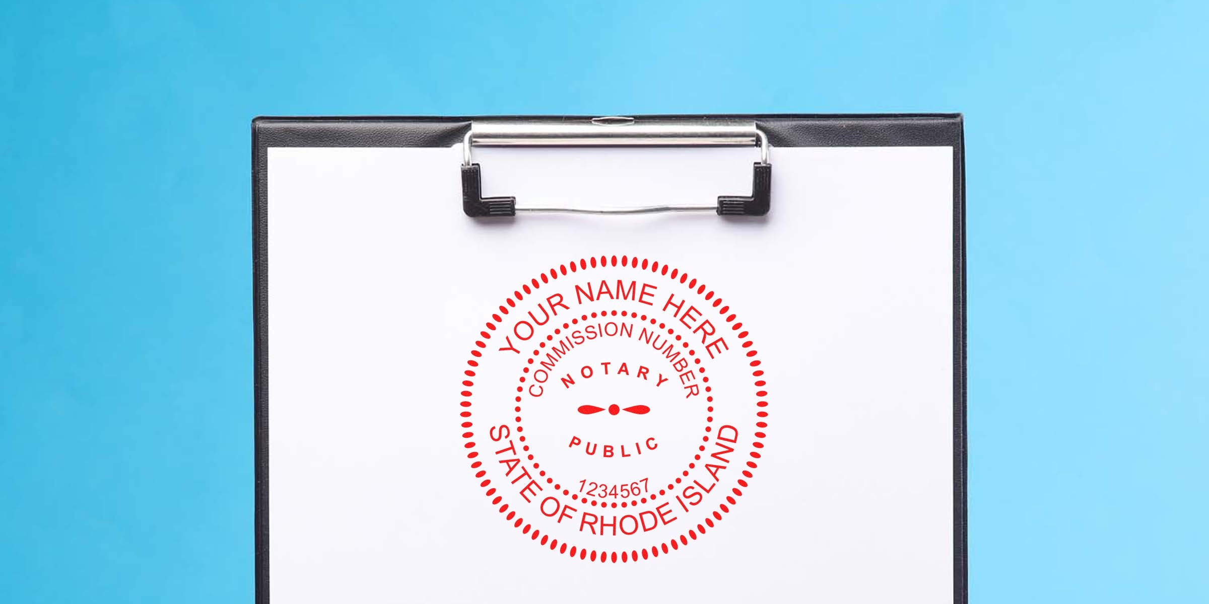 Rhode Island notary stamp on clipboard confirming official documents meet Rhode Island notary stamp requirements.