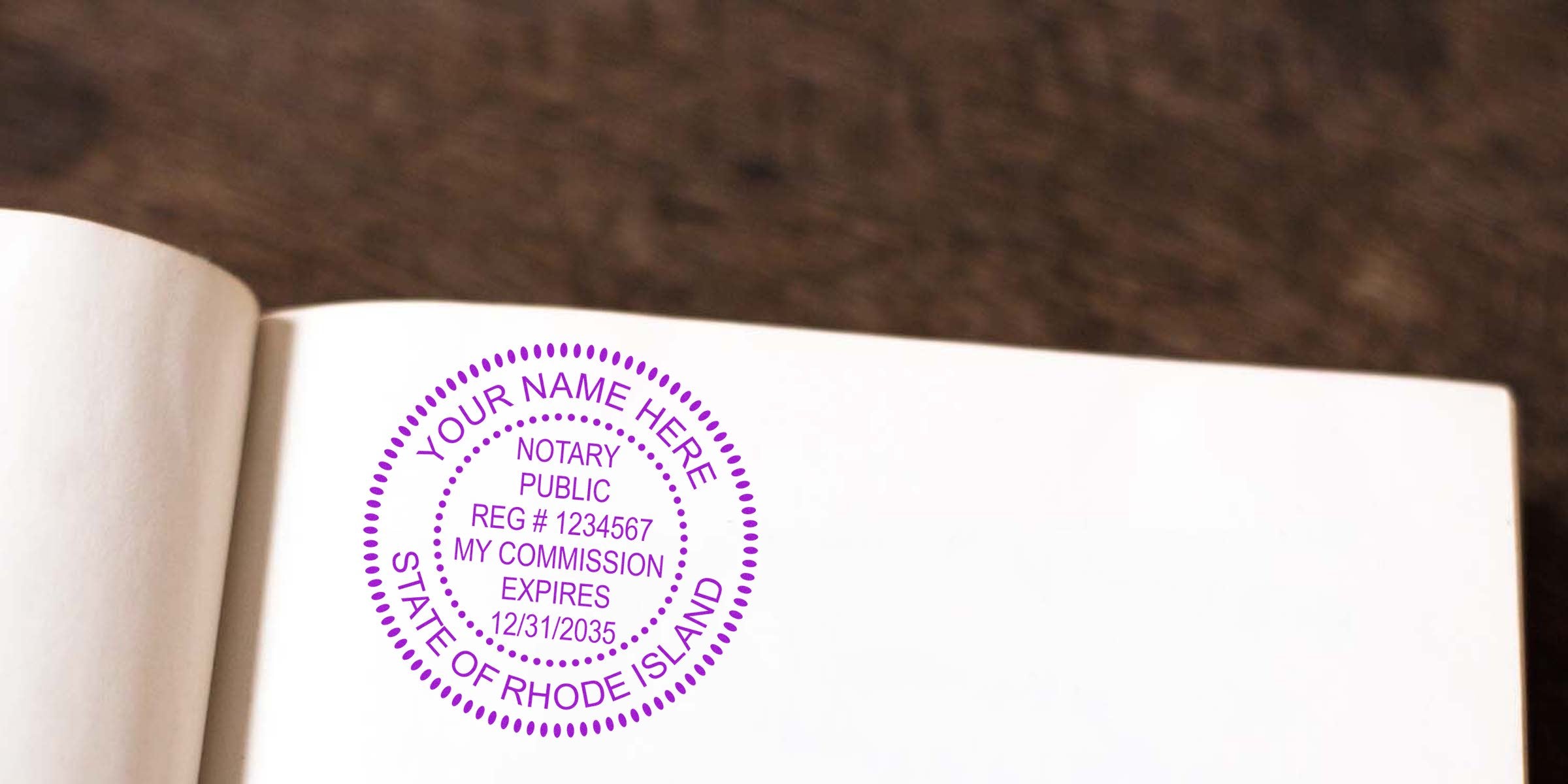 Rhode Island Notary Stamp on paper showing commission expiration date and registration number, representing a Rhode Island Notary Public.