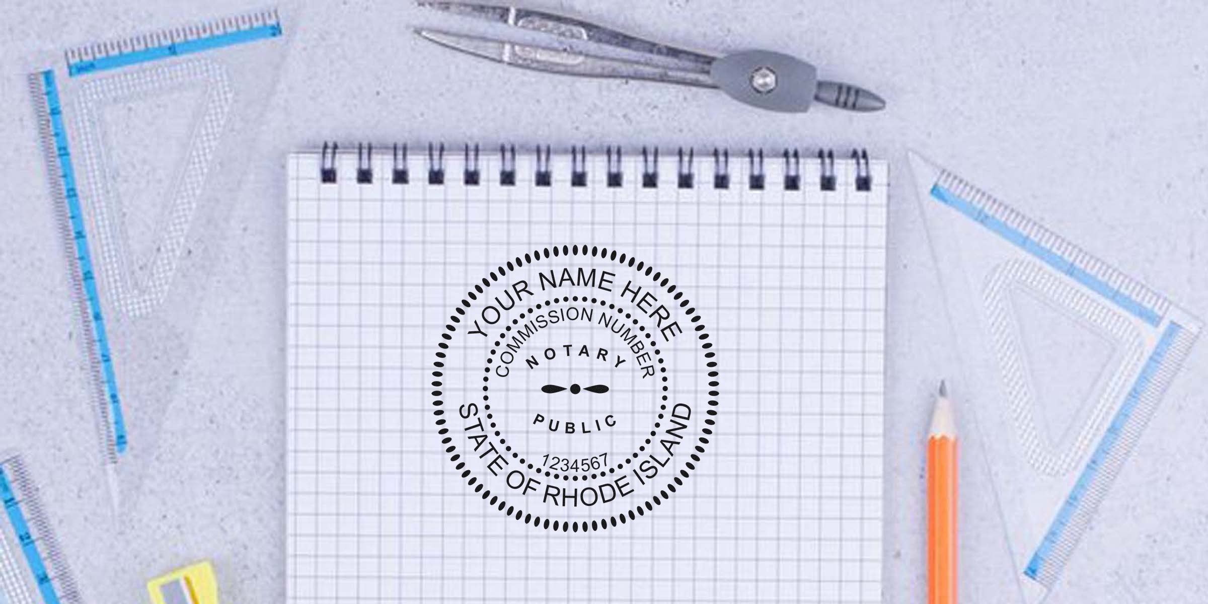 Rhode Island notary kit with a notary stamp on graph paper, drafting tools, pencil, and the Rhode Island notary commission seal design—essential supplies for Rhode Island notaries.