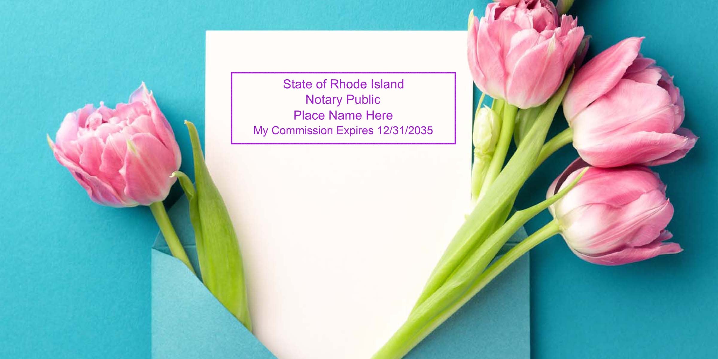 Rhode Island notary public commission certificate with the RI notary seal, framed by pink tulips and a blue envelope background, emphasizing Rhode Island notary seal requirements.