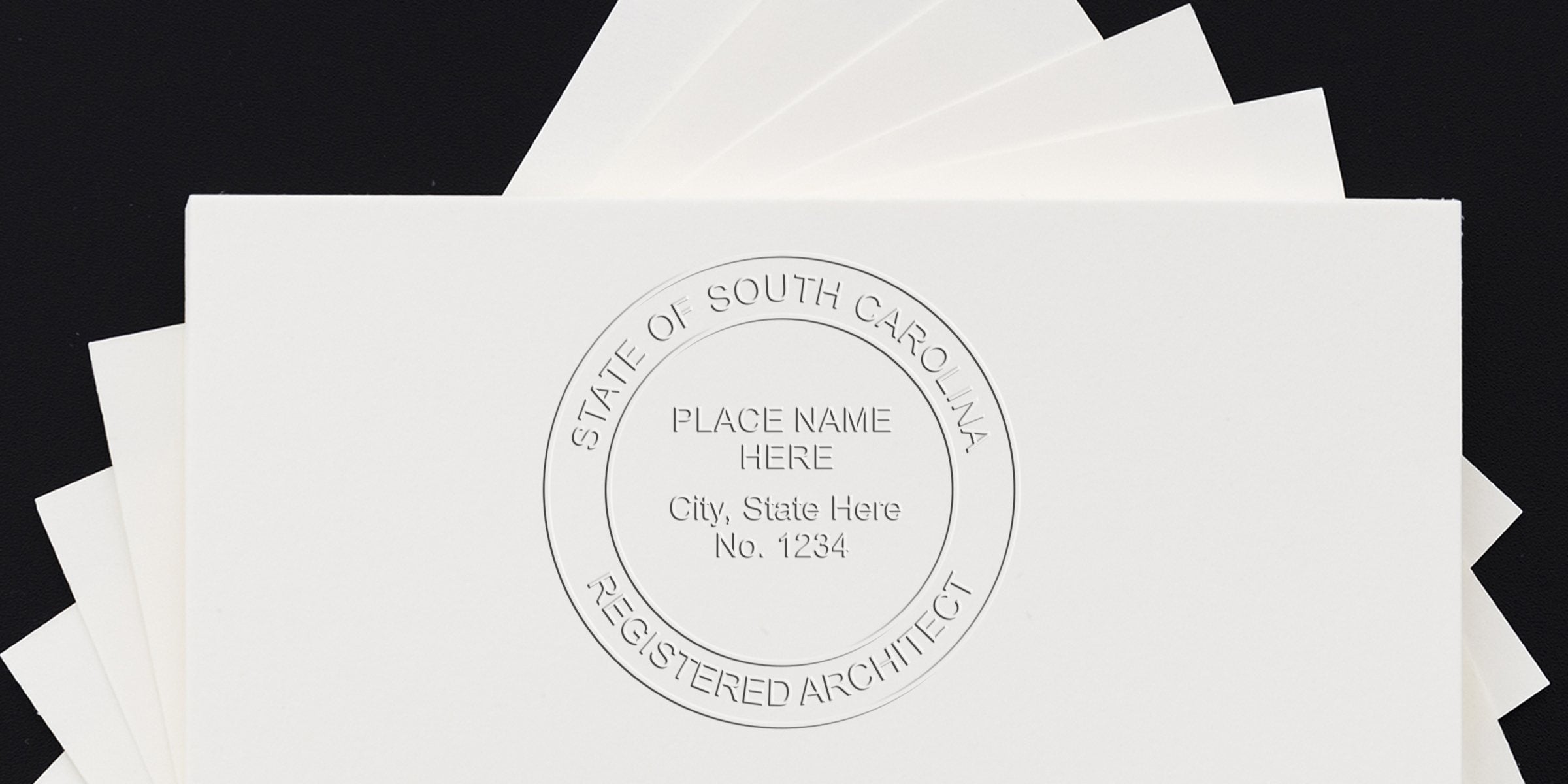 Embossed South Carolina architect stamp on white paper, showcasing official designs for professional certification and licensing.