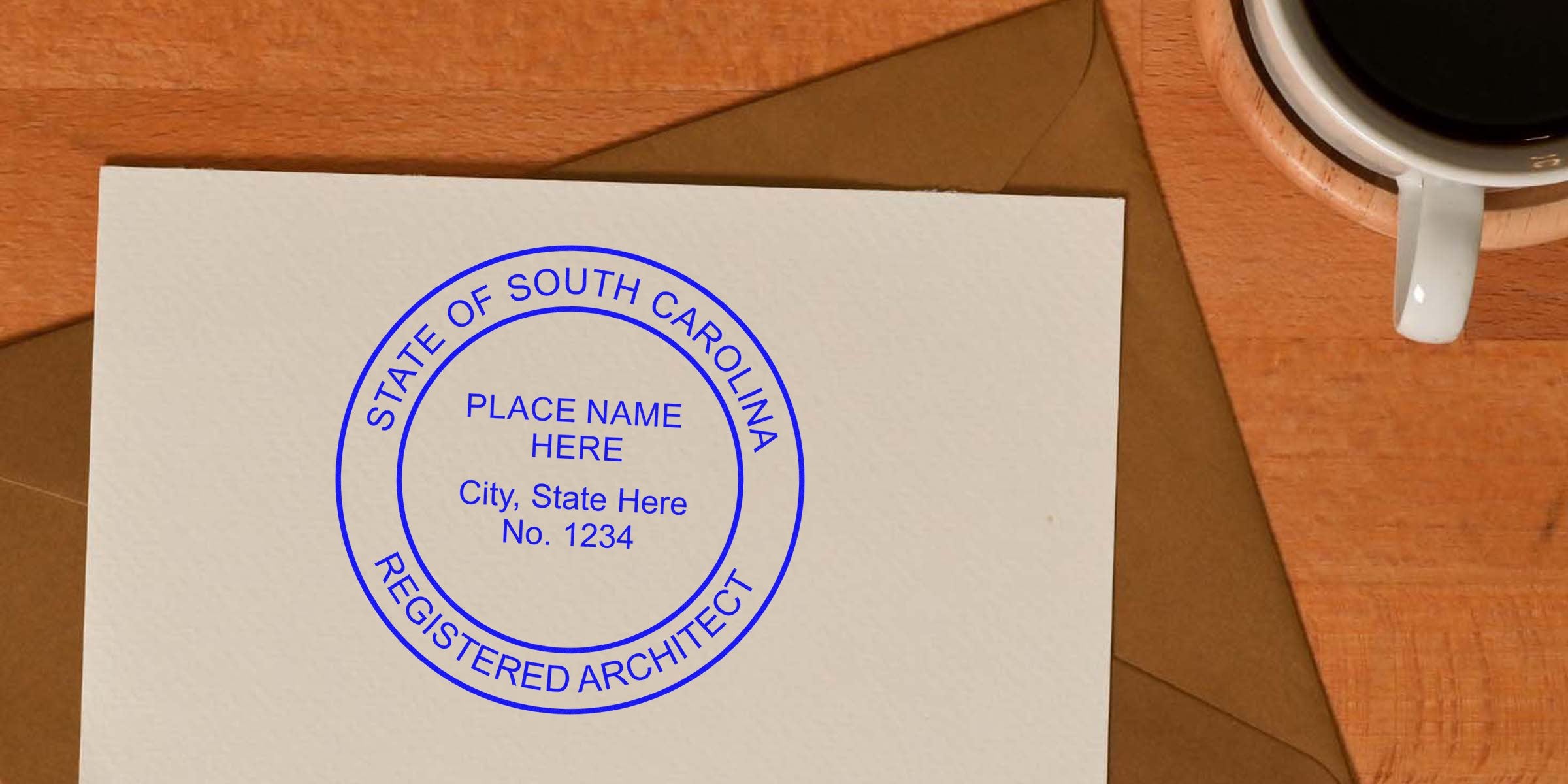 South Carolina architect stamp on paper beside coffee cup and envelope on wooden table, adhering to South Carolina architect stamp guidelines.