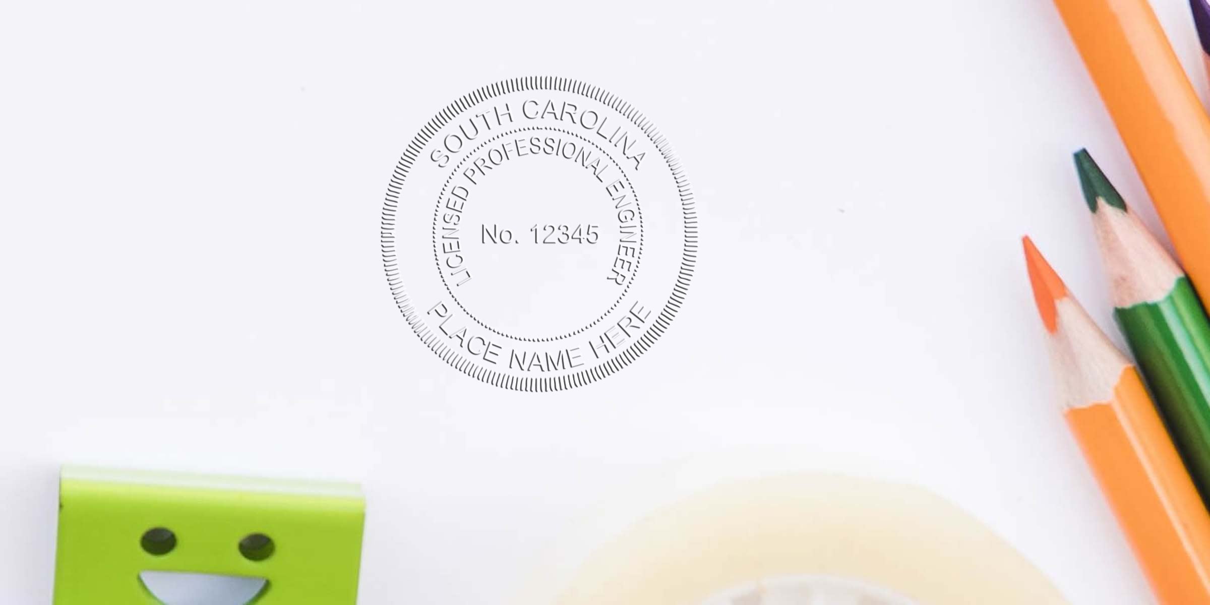 South Carolina licensed engineer seal surrounded by colorful pencils and stationery on white background, showcasing South Carolina engineer stamps and stamp deals.