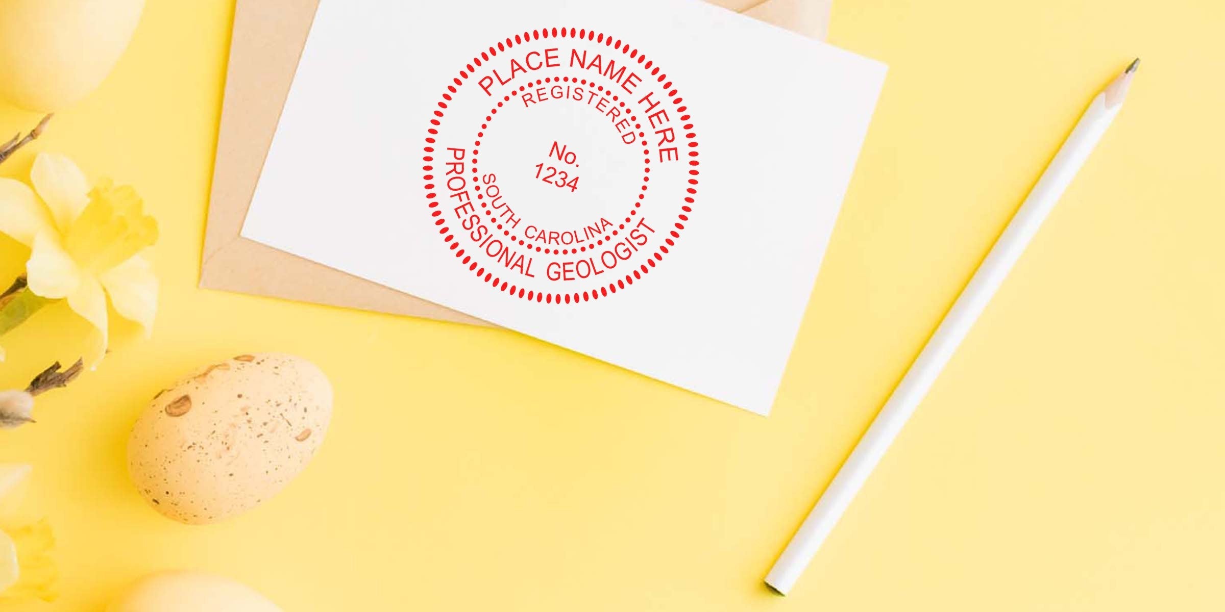 Easter eggs with yellow flowers and white pencil on yellow background, next to a South Carolina geologist stamp on a white card, highlighting steps for geologist license and stamp renewal in South Carolina.