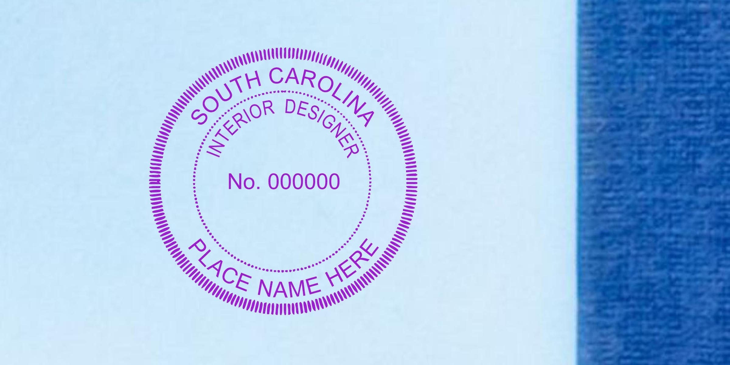 South Carolina interior designer certification seal on blue background, featuring SC interior designer stamp cost and pricing details.